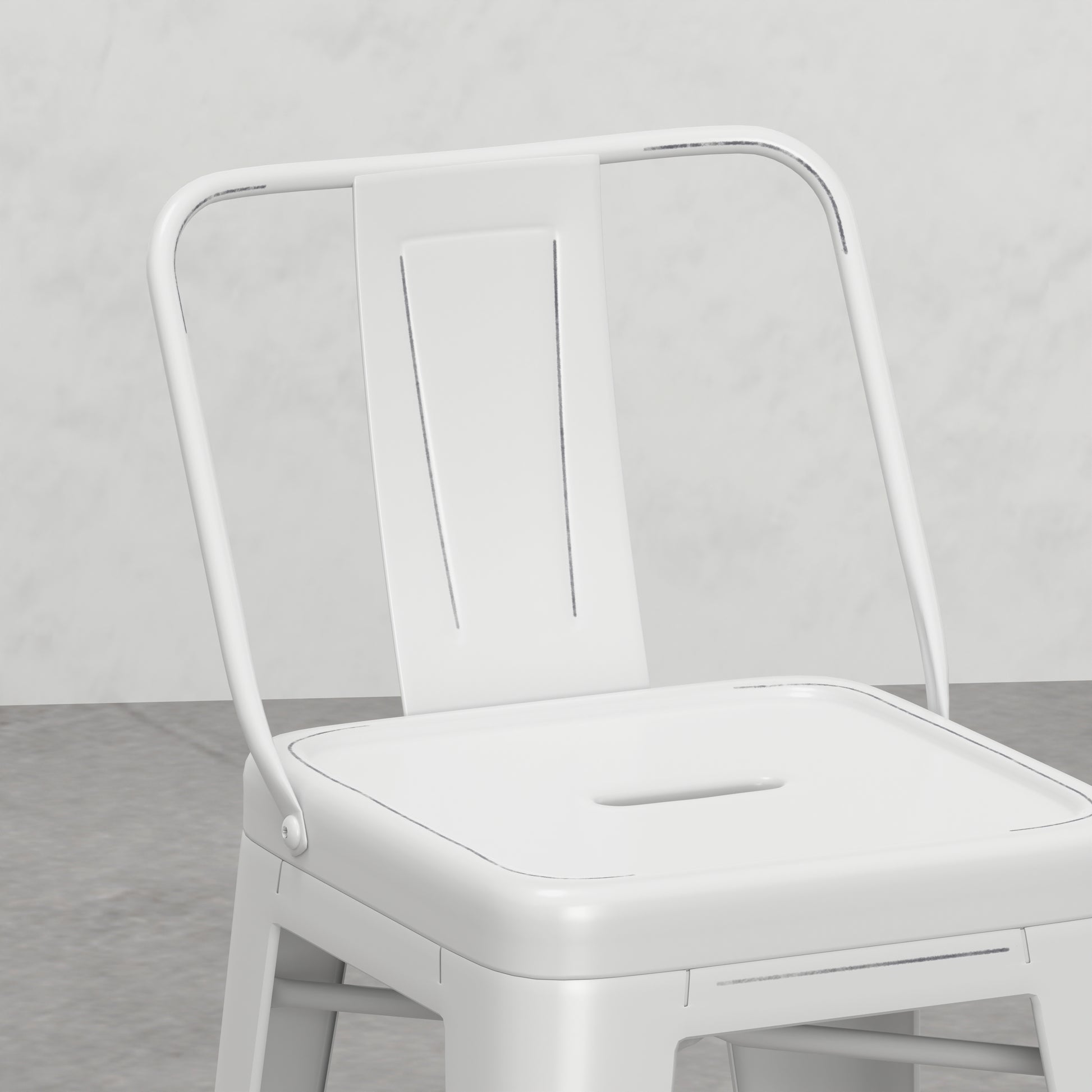 White metal stool with curved backrest and slatted seat