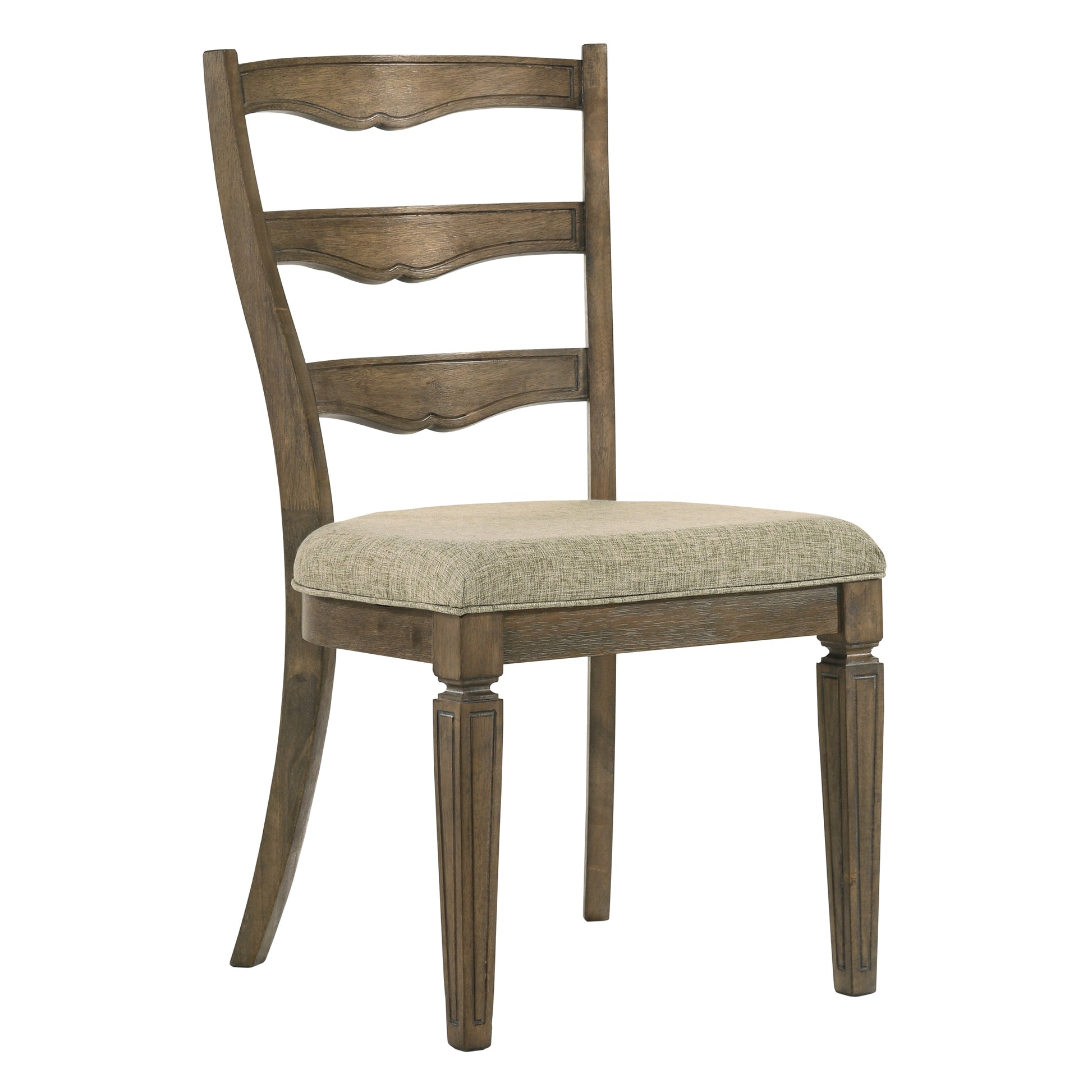 Classic wooden dining chair with a textured beige upholstered seat and carved legs