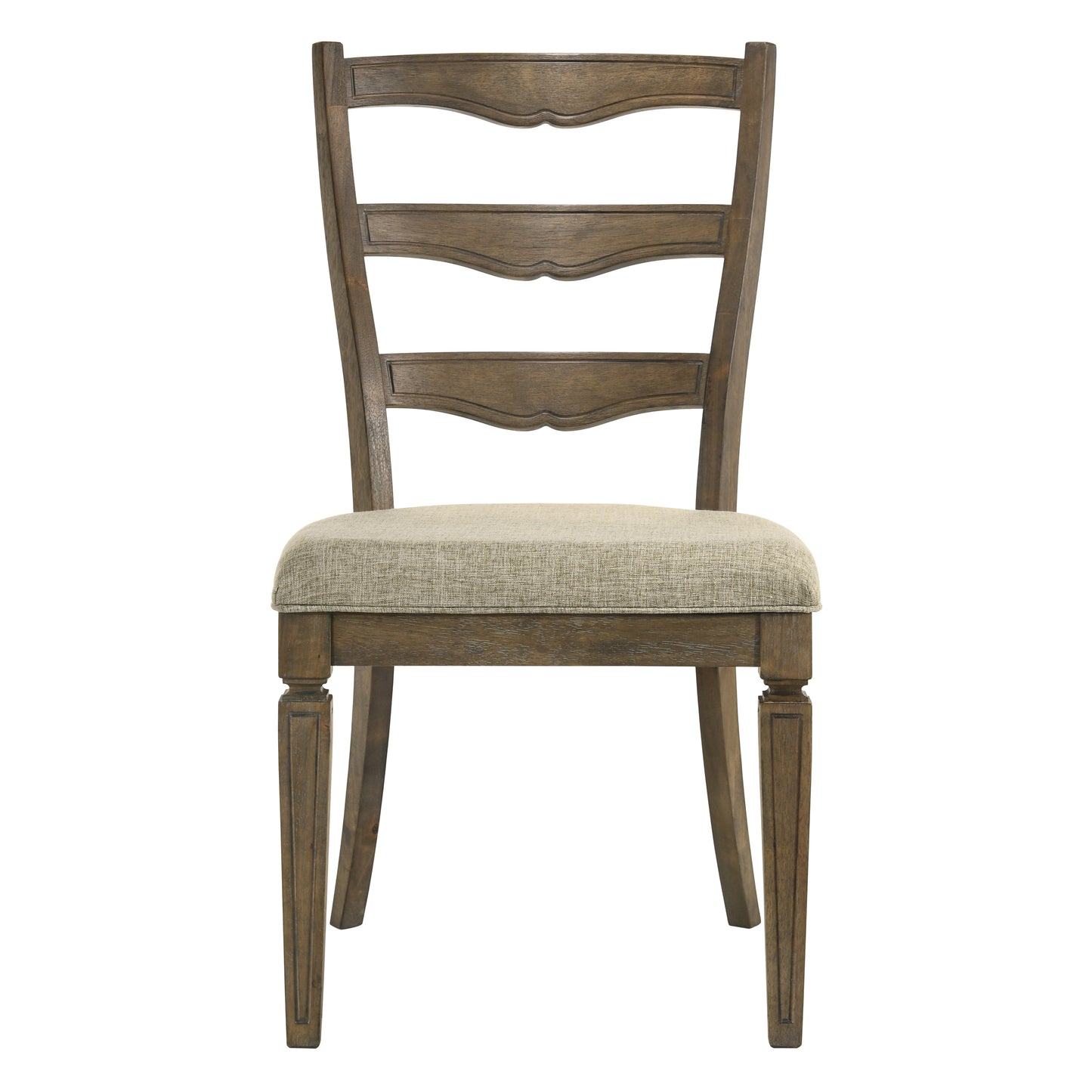Brown upholstered dining chair with carved wooden frame and legs
