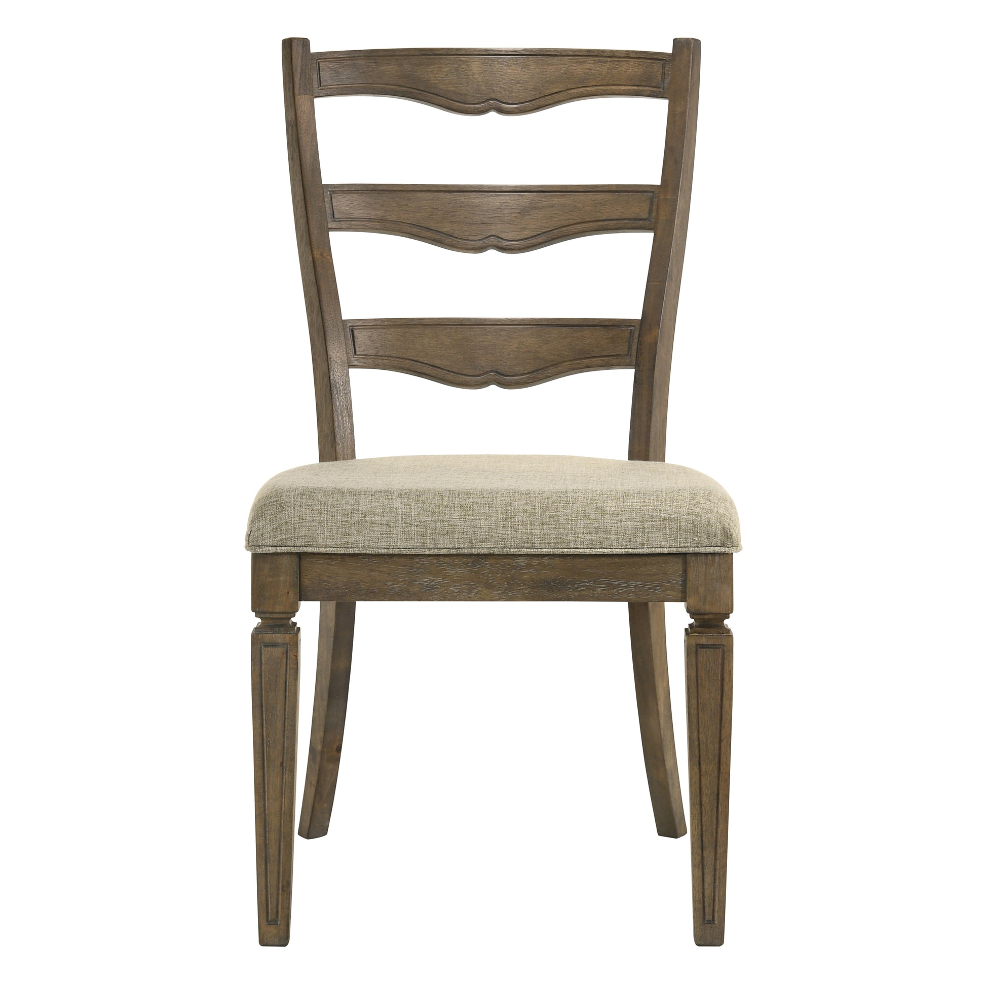 Brown upholstered dining chair with carved wooden frame and legs