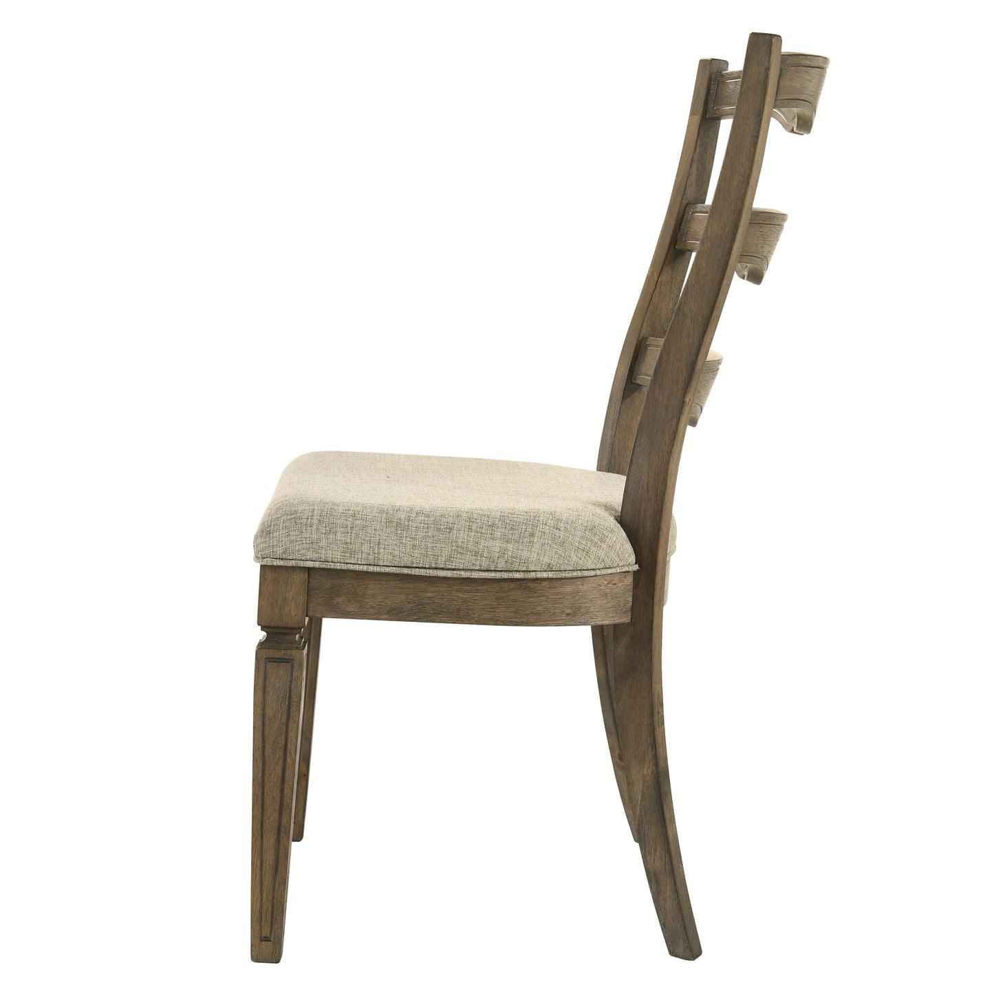 Rustic distressed wood dining chair with a textured beige upholstered seat