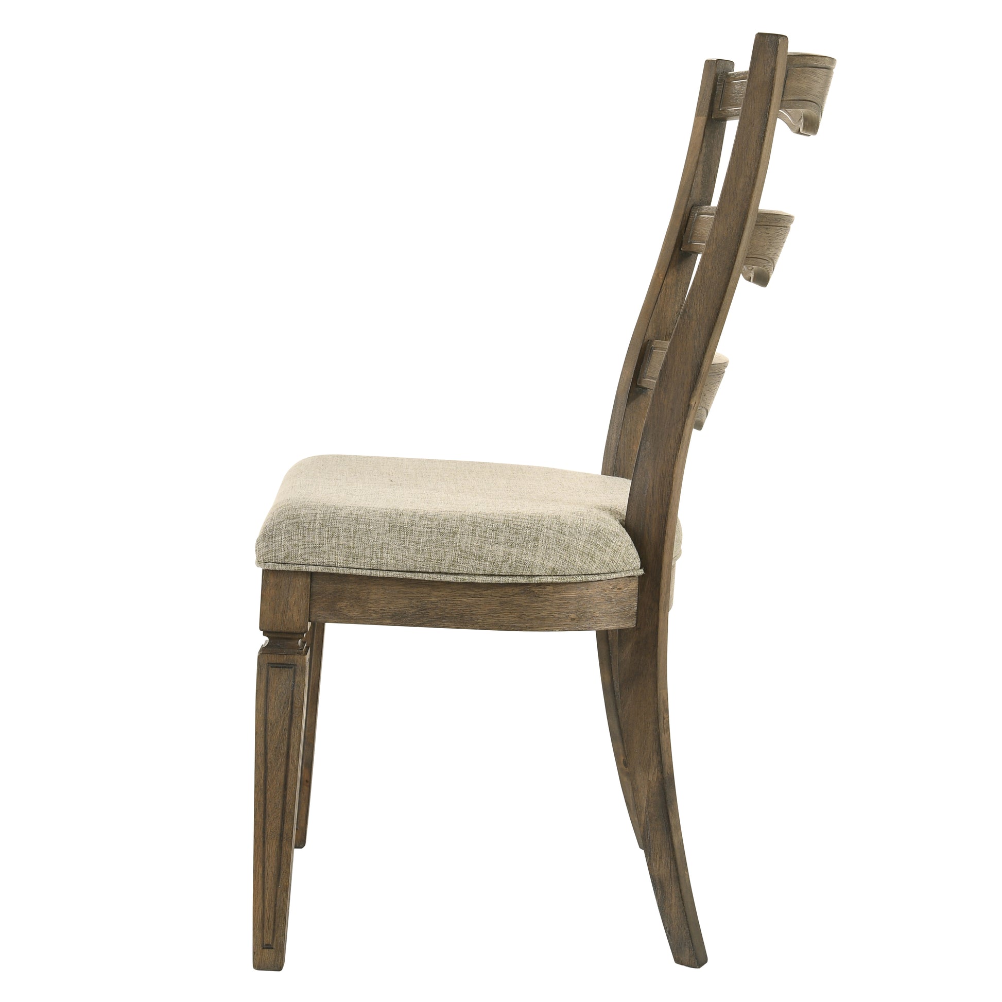 Rustic distressed wood dining chair with a textured beige upholstered seat