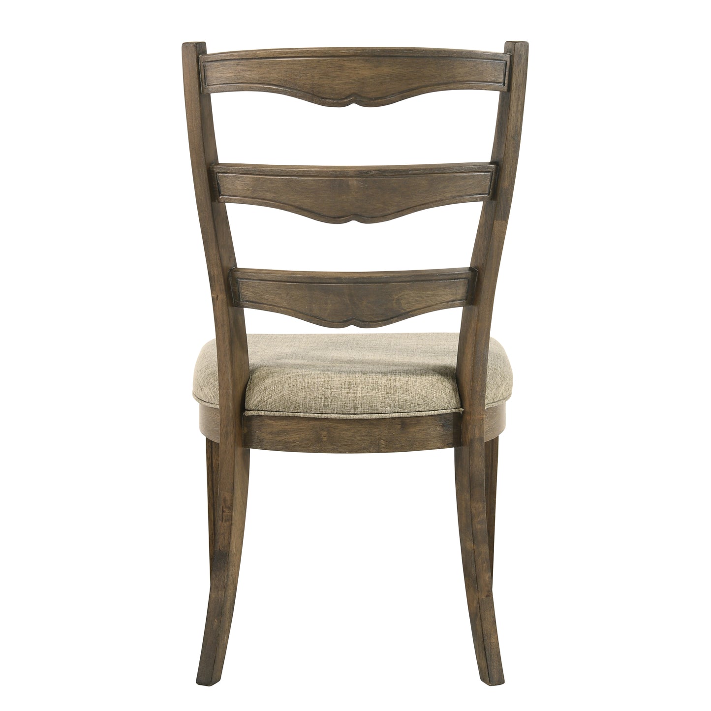 Back view of a dark wood dining chair with a woven light beige upholstered seat