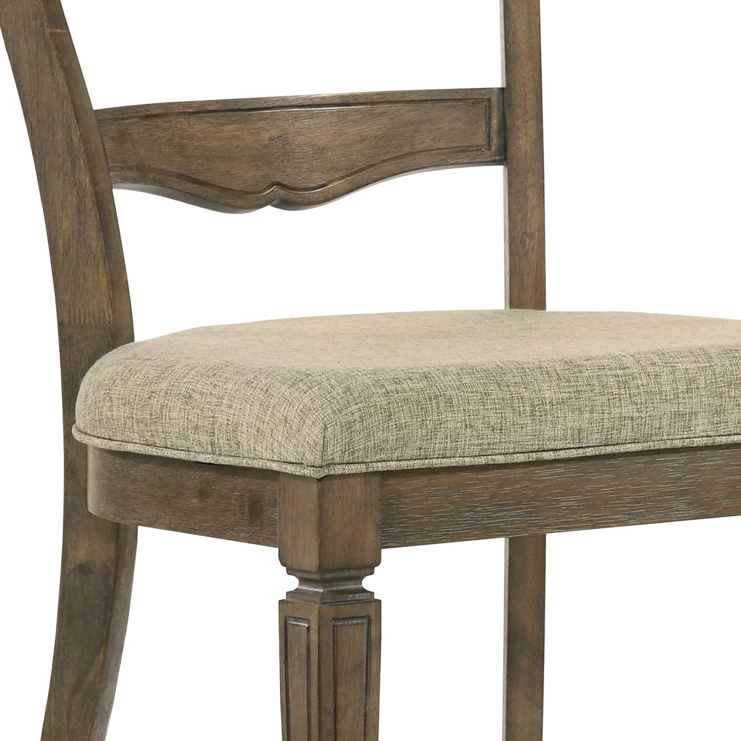 Detailed view of a brown wooden dining chair with a textured green upholstered seat