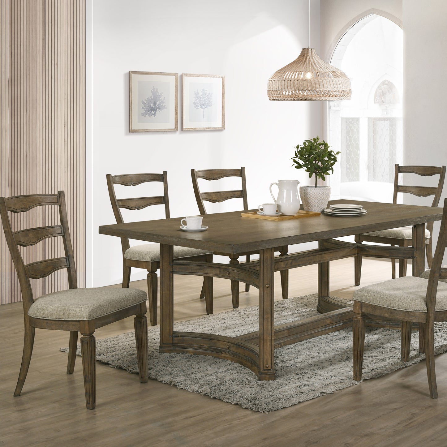 Rustic wooden dining table with upholstered chairs for family meals