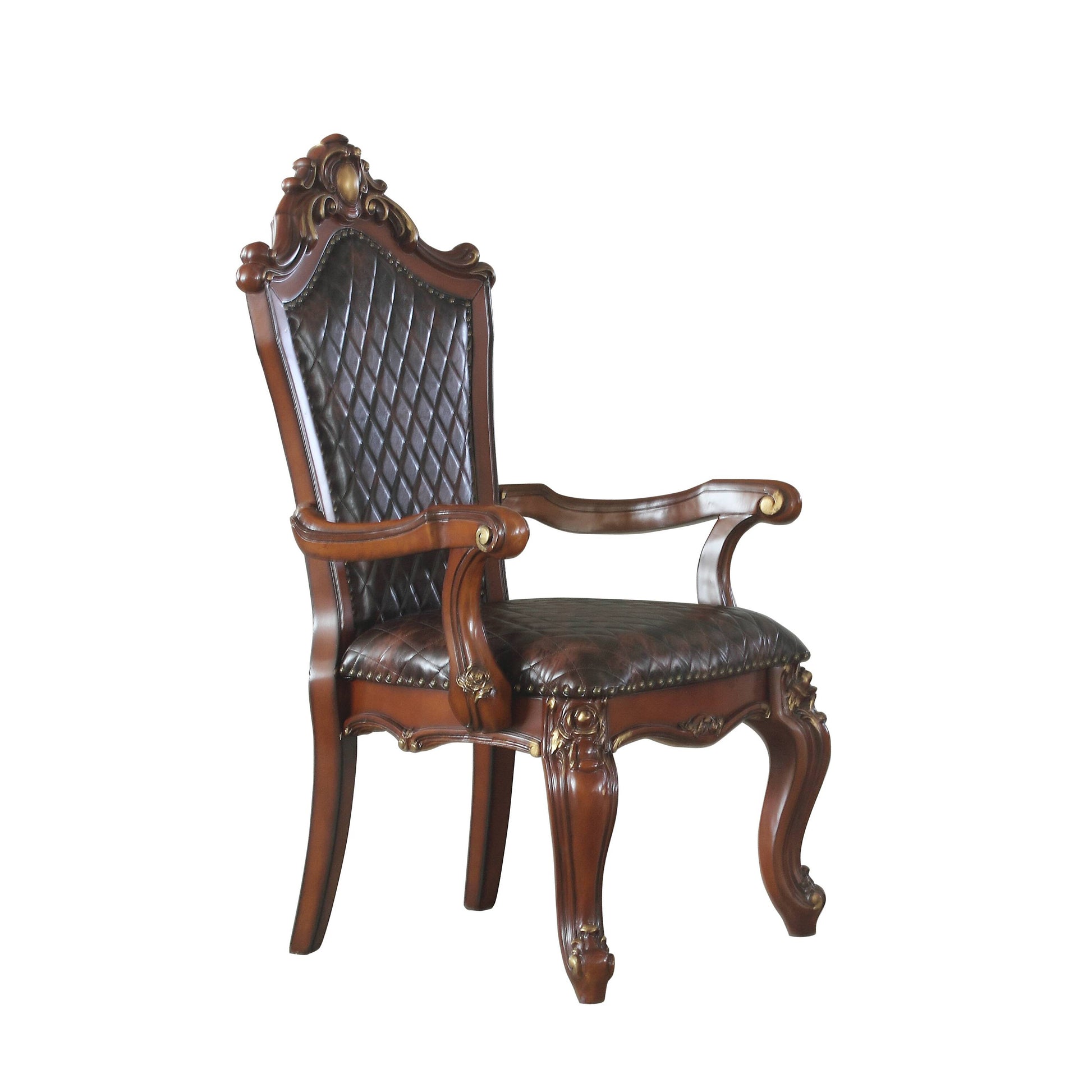 Ornate dark brown leather armchair with carved wood details and brass nailheads