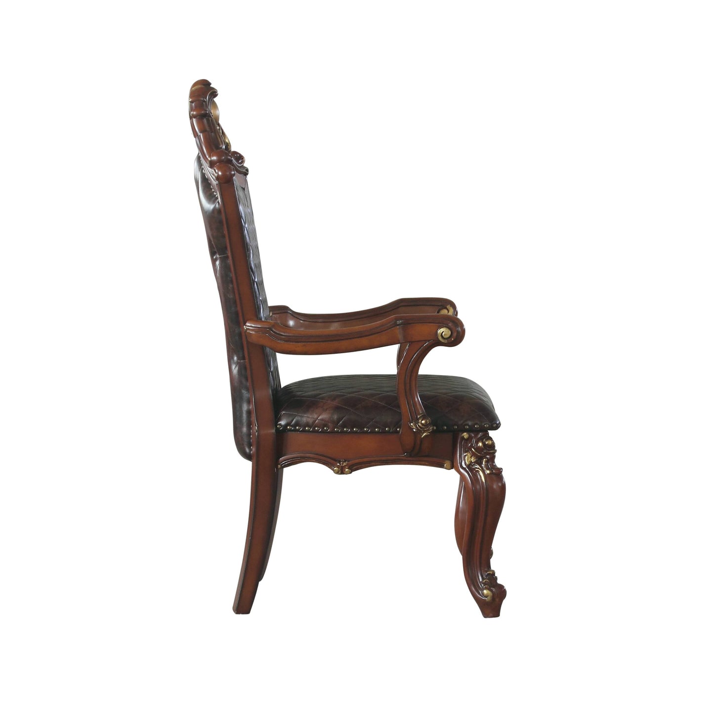 Ornate dark brown leather executive chair with carved wood accents and gold trim