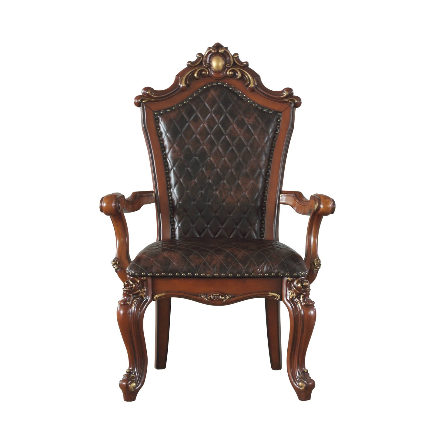 Ornate dark brown leather executive chair with carved wood and gold accents