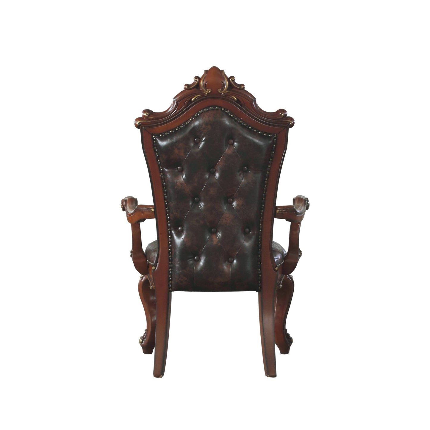Traditional dark brown leather executive chair with tufted backrest and ornate wooden frame