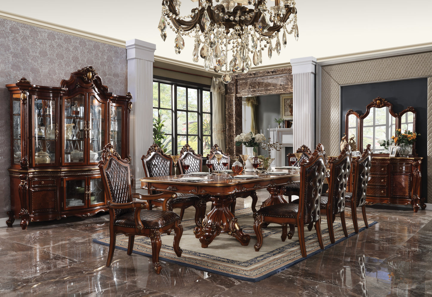 Antique mahogany dining table set with ornate chairs and crystal chandelier