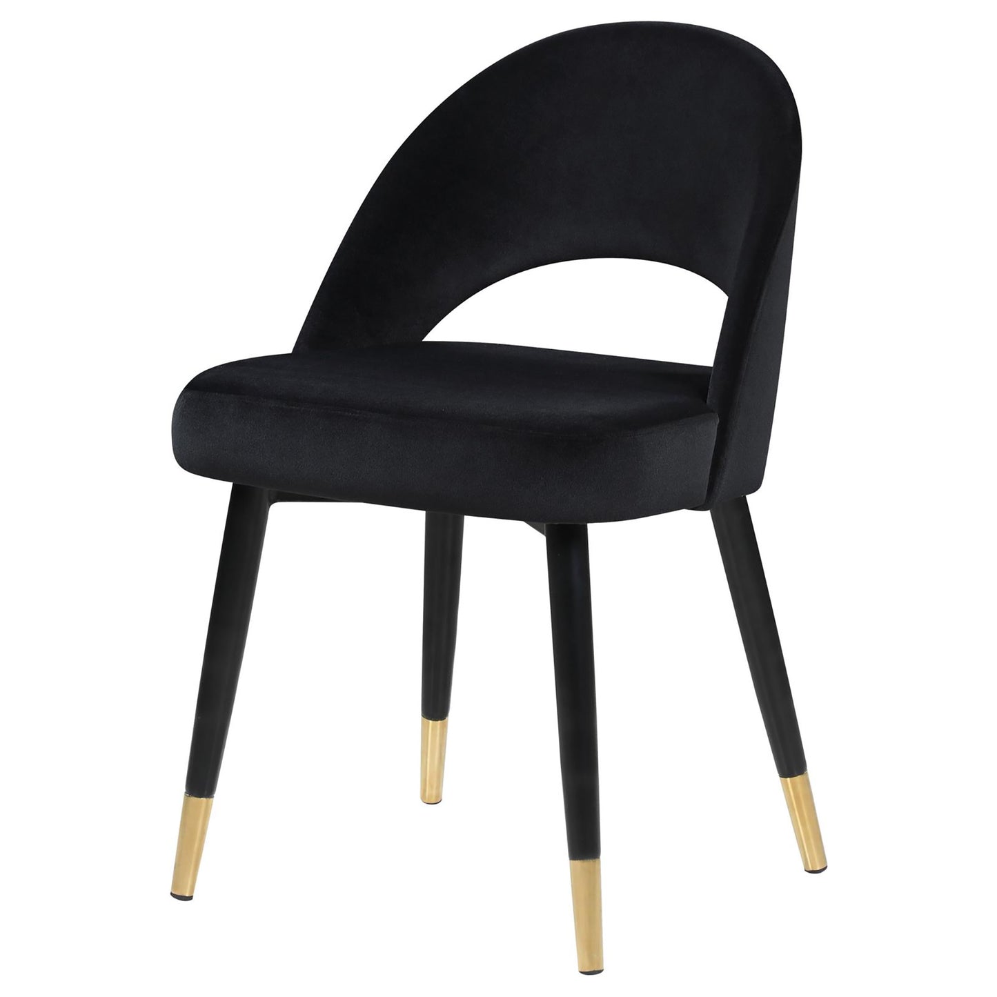 Black velvet accent chair with curved back and goldtipped black legs