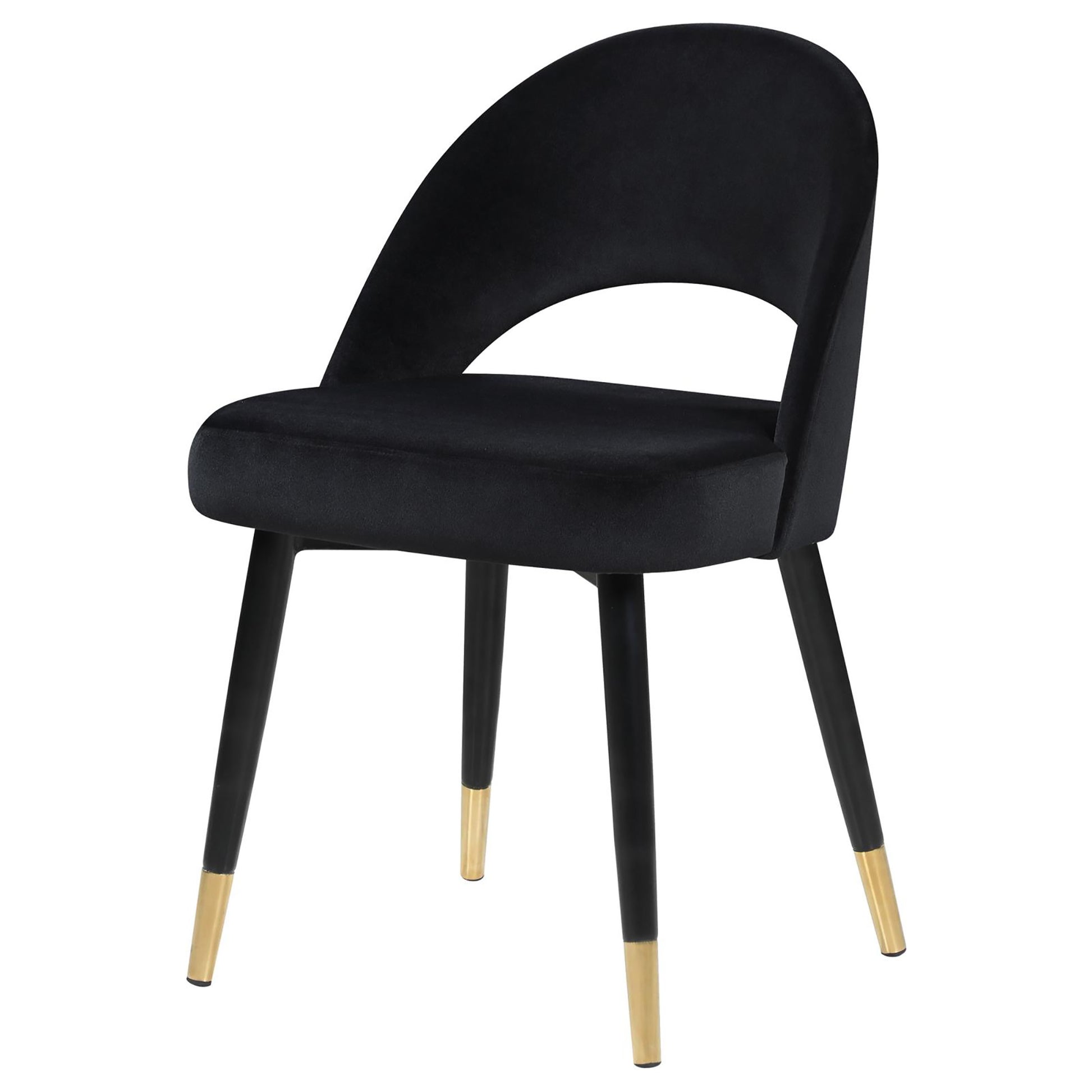 Black velvet accent chair with curved back and goldtipped black legs