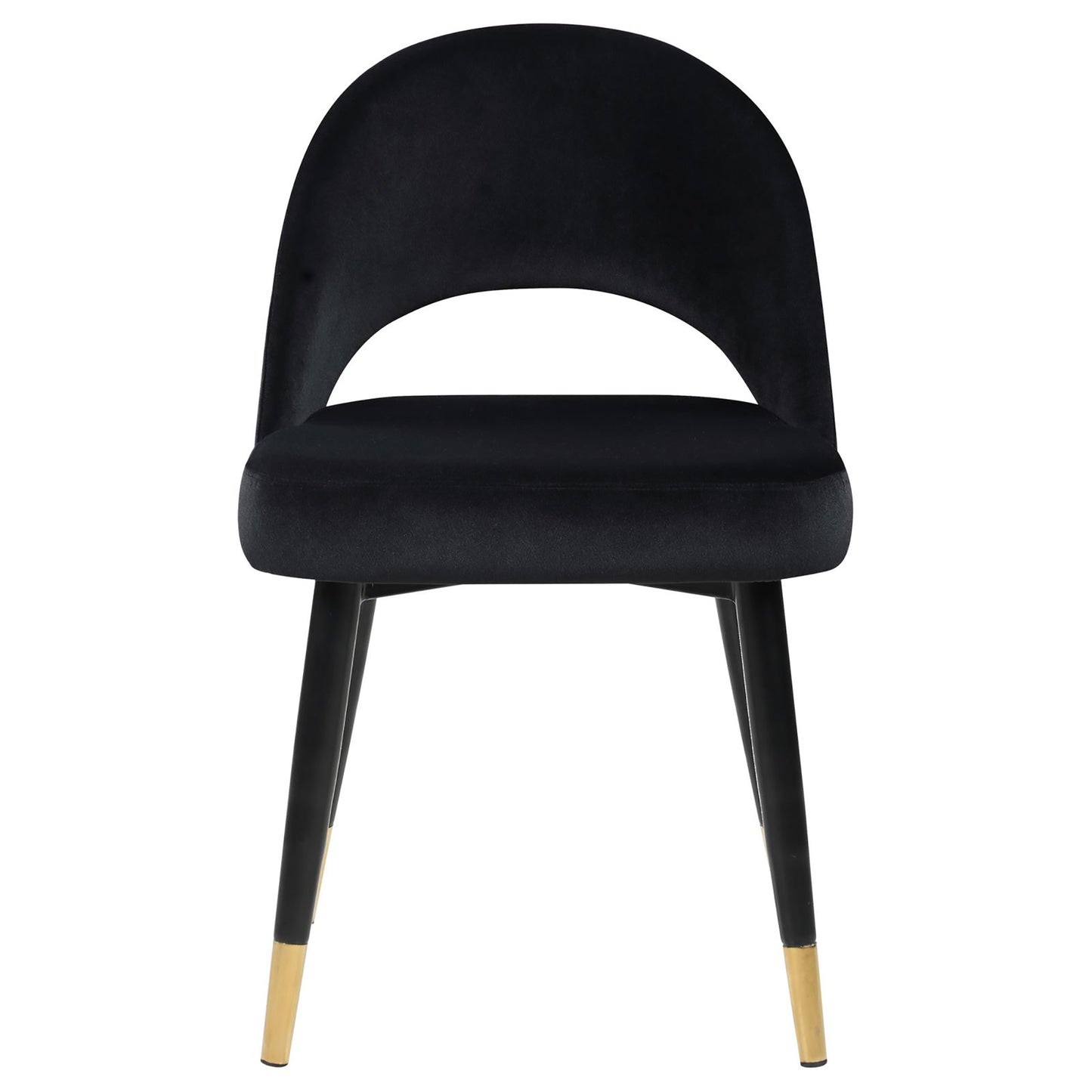 Black velvet dining chair with curved back and goldtipped legs