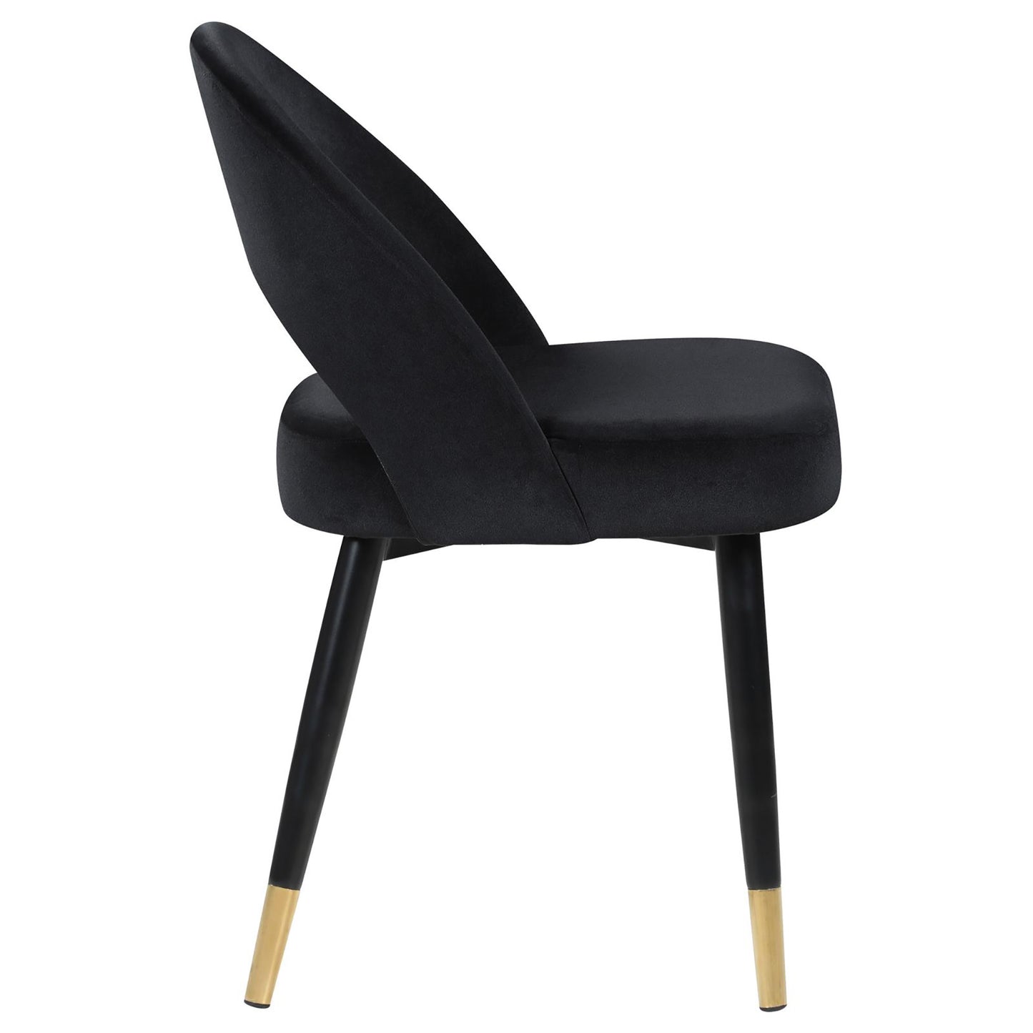 Black velvet accent chair with curved back and goldtipped legs