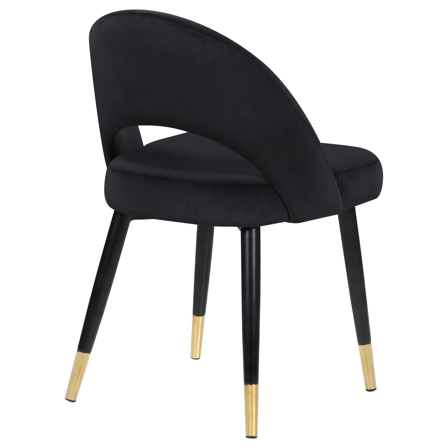 Black velvet accent chair with curved back and goldtipped black legs
