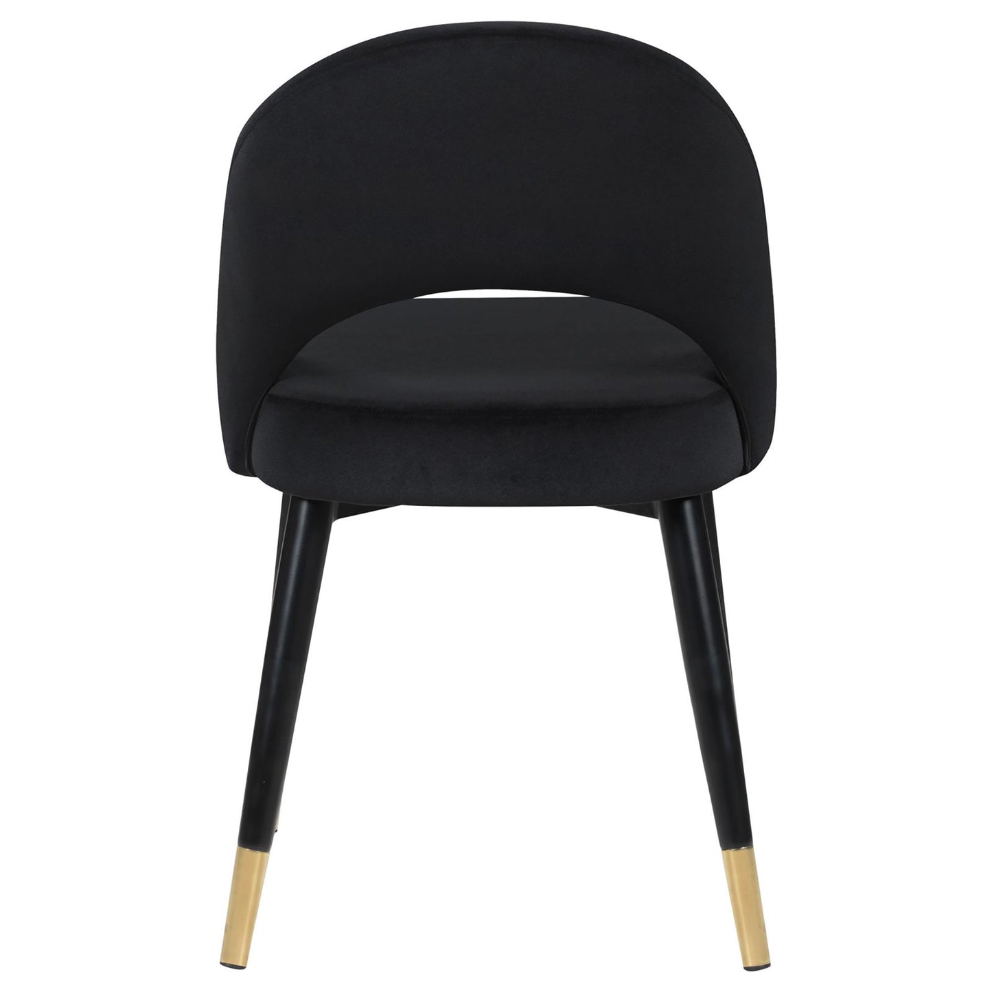 Black velvet accent chair with curved back and goldtipped legs perfect for dining
