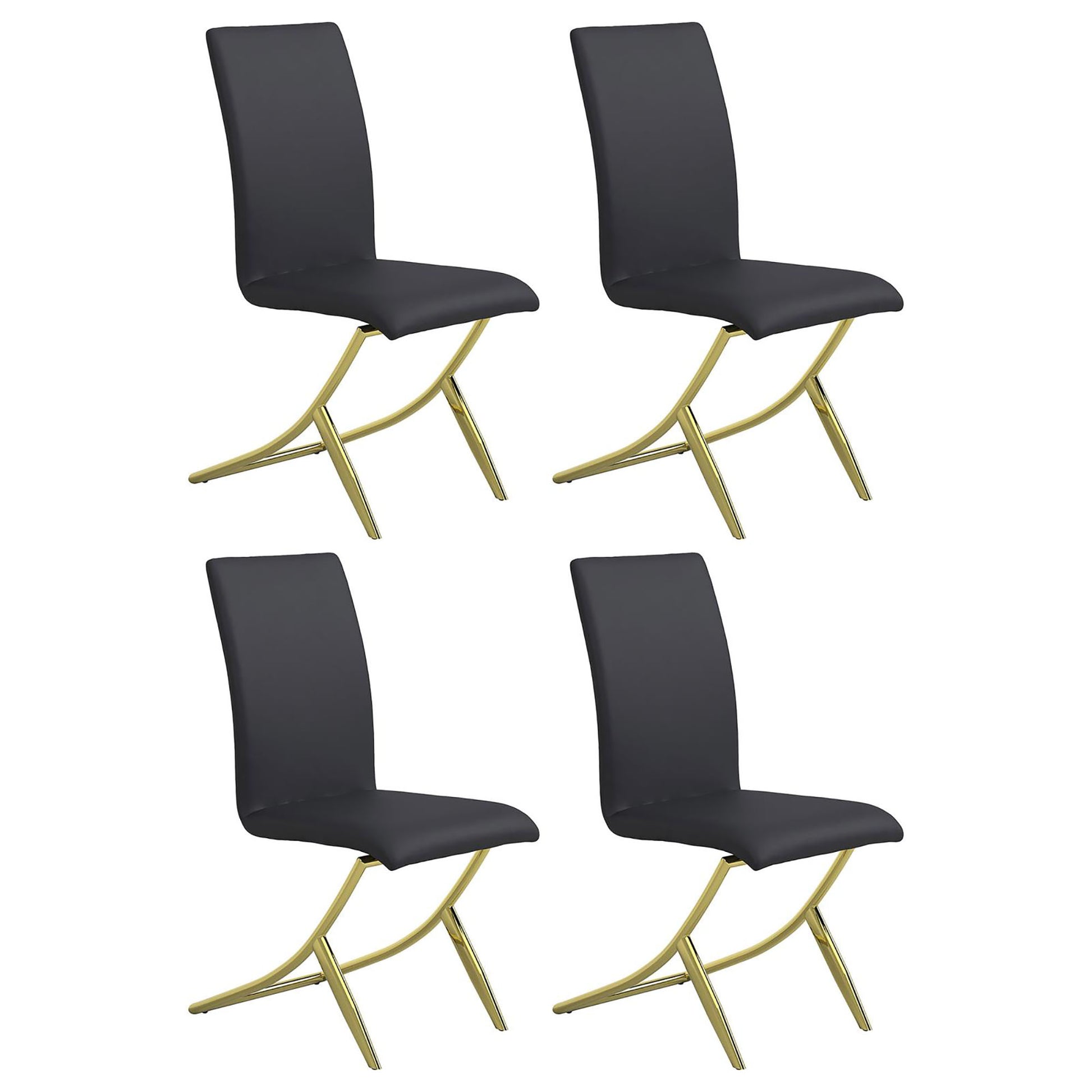 Set of four black leather dining chairs with polished gold legs