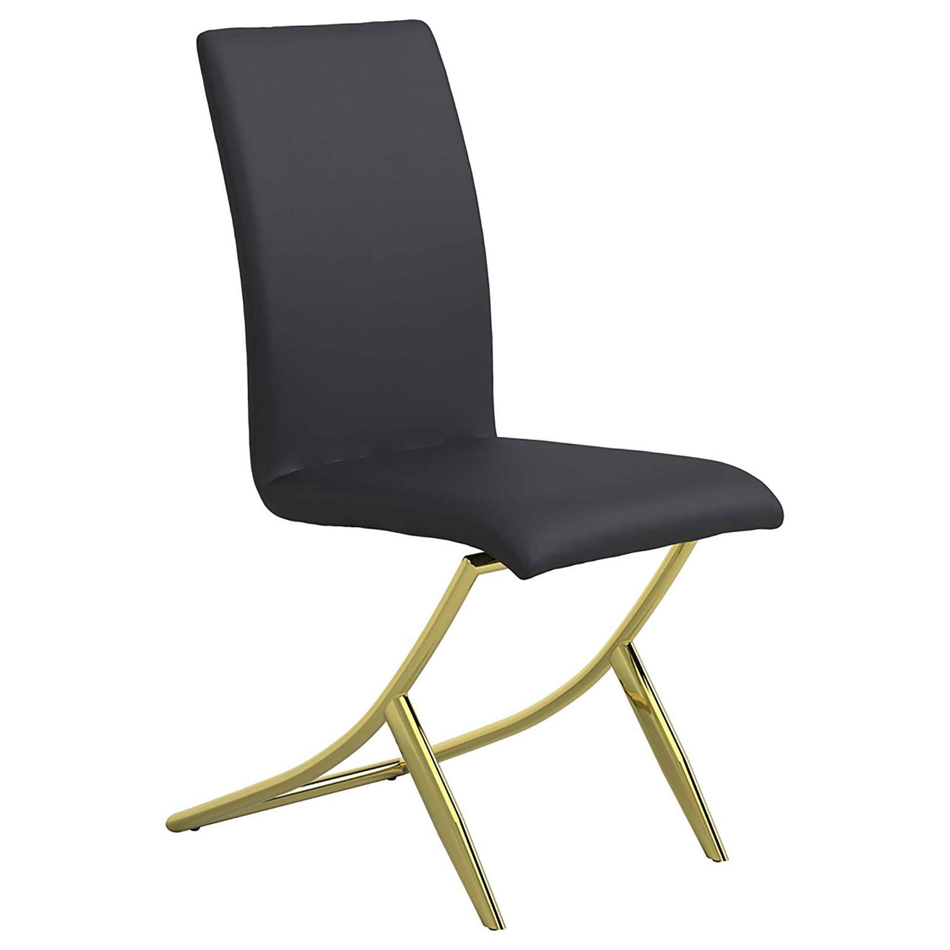 Modern black faux leather dining chair with curved gold metal legs