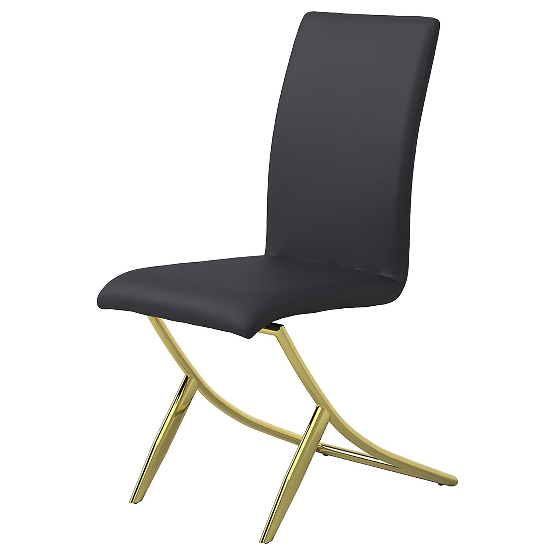 Sleek black faux leather dining chair with elegant gold metal legs and a modern design