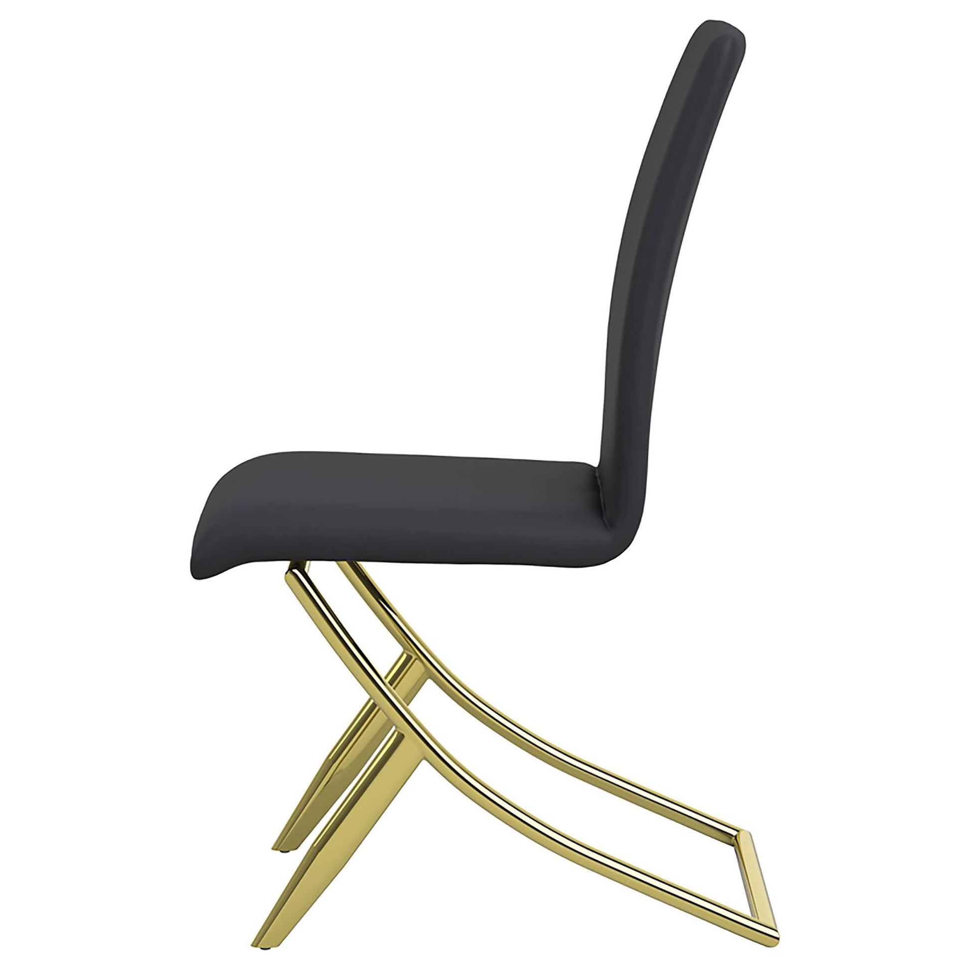 Black upholstered dining chair with a modern gold metal frame