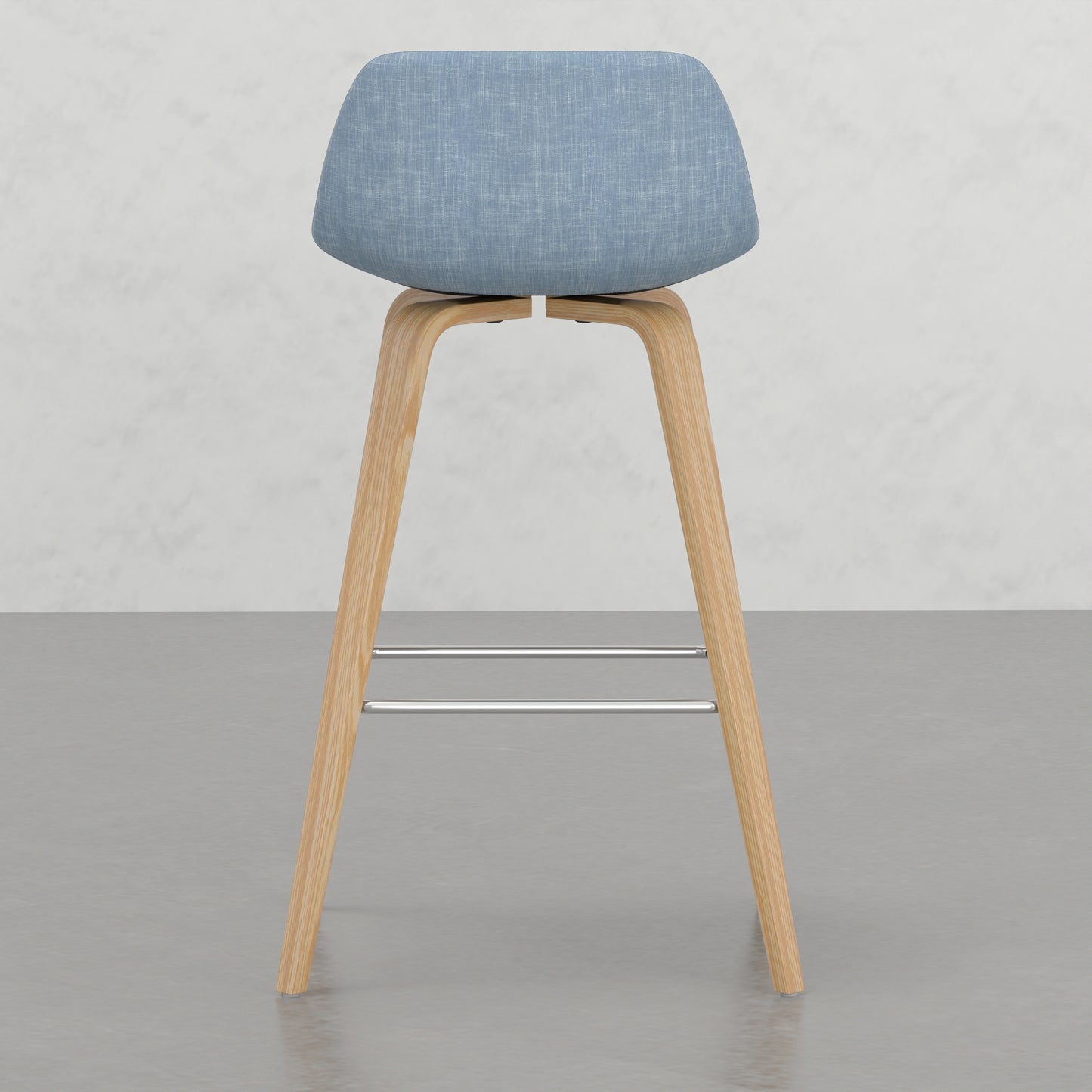 Blue fabric upholstered stool with natural wood legs