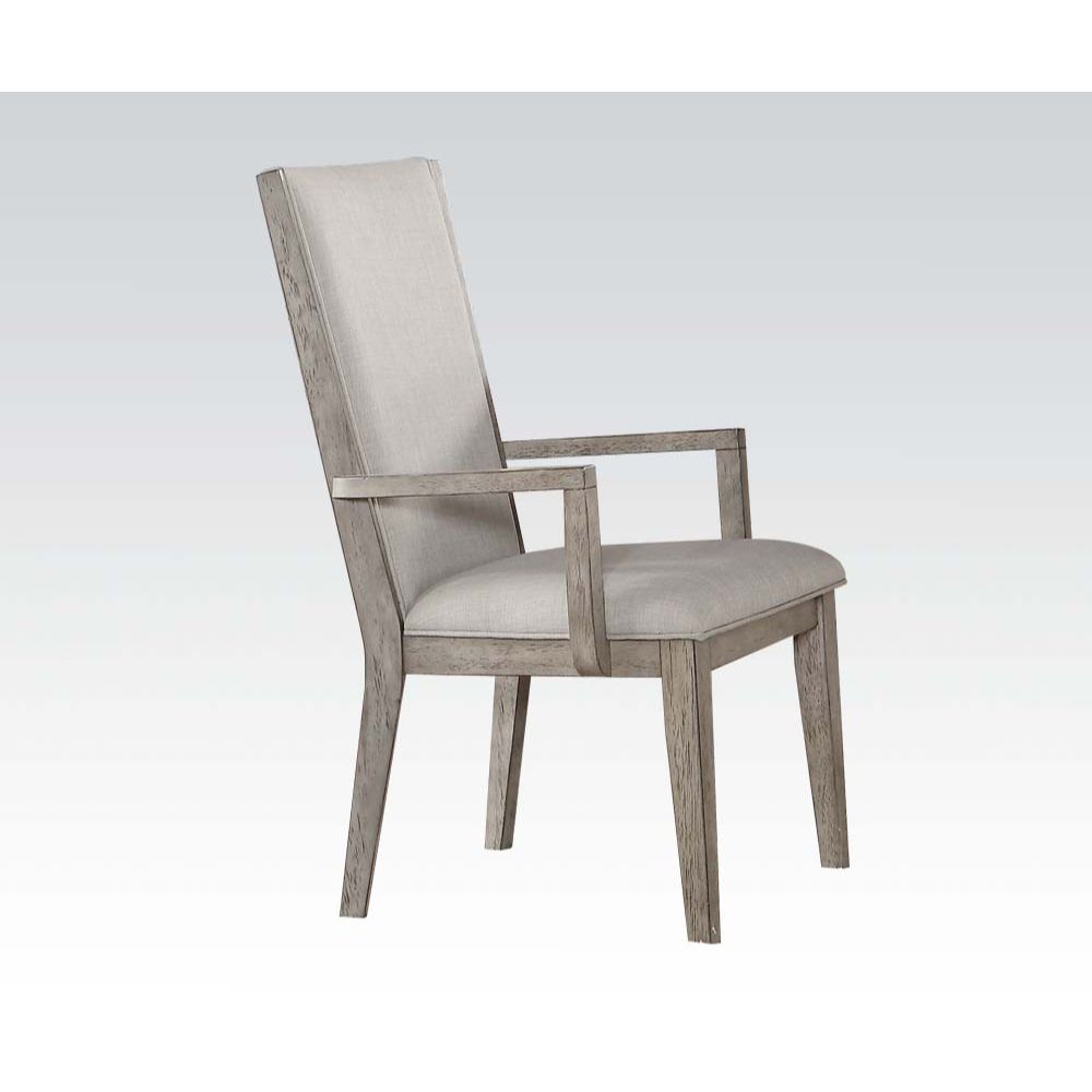 Light gray upholstered wooden arm dining chair with clean lines