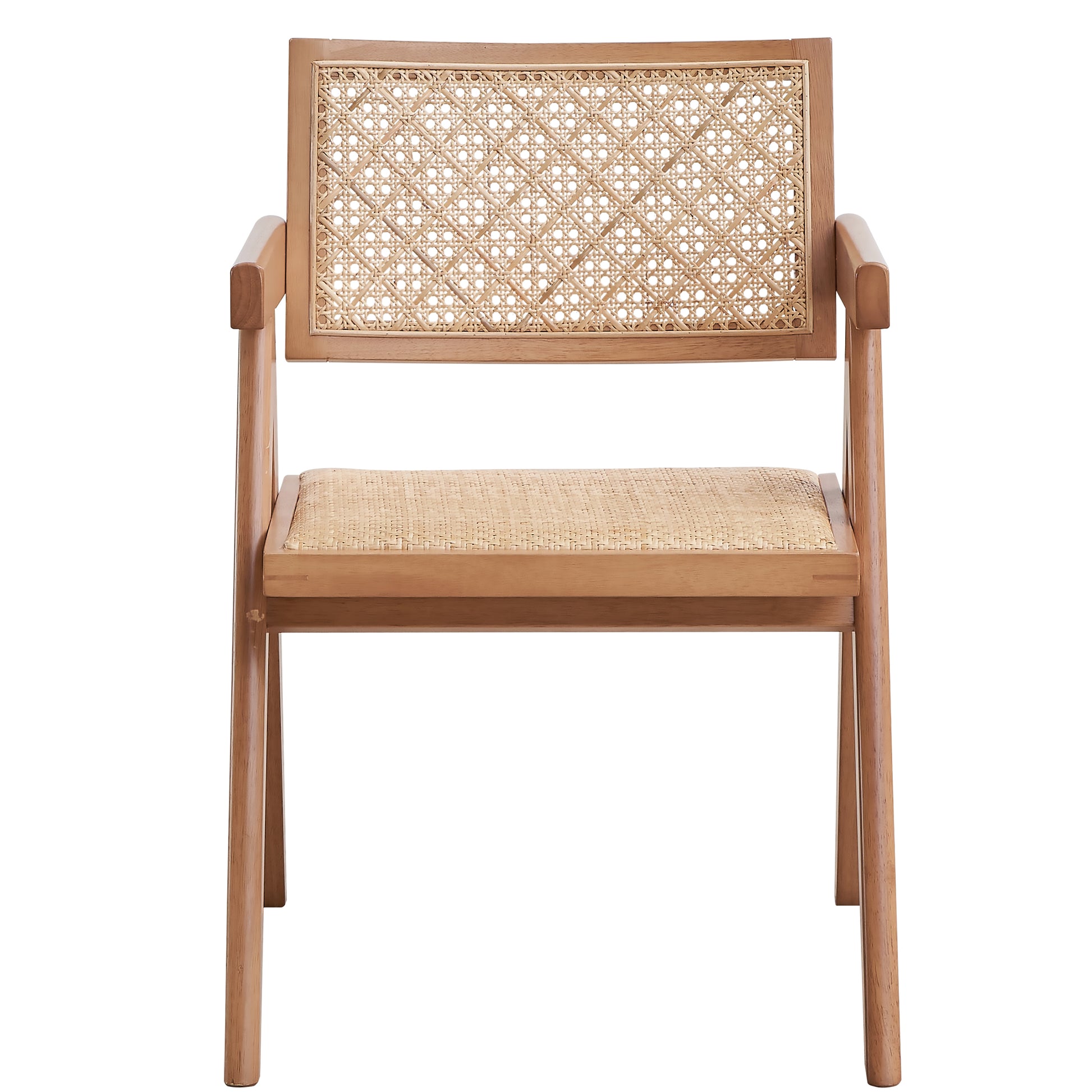 Natural wood armchair with woven cane back and seat ideal for modern dining rooms