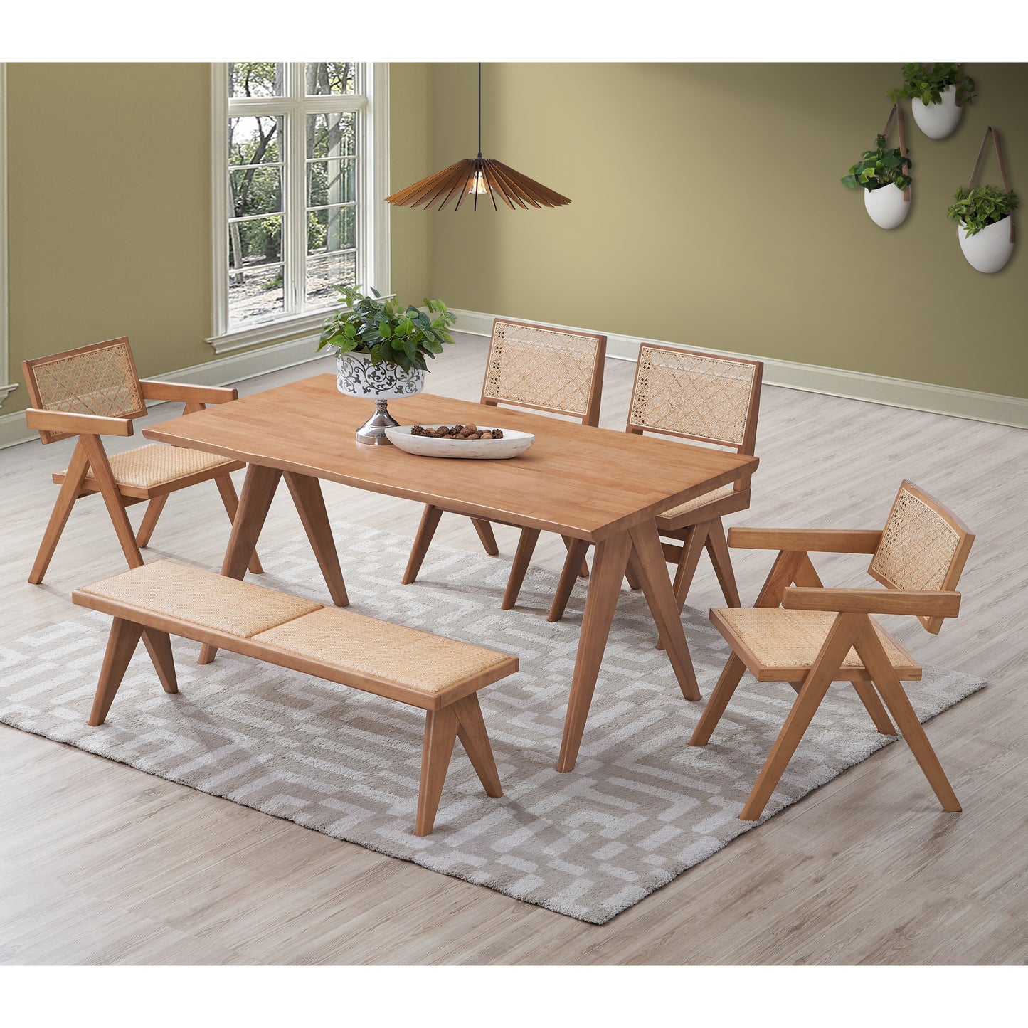 Wooden dining table and chairs with cane webbing seats and backs midcentury modern style