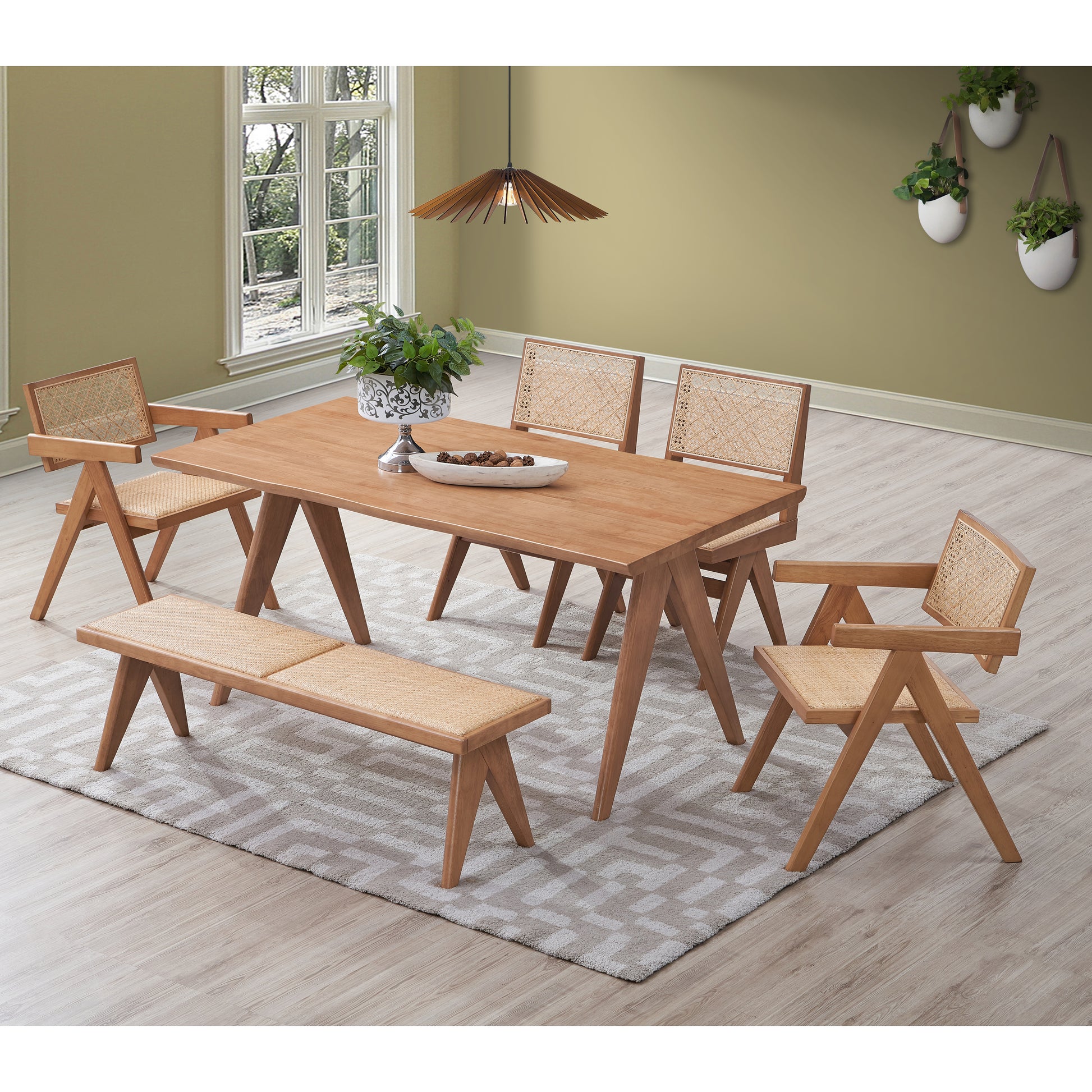 Wooden dining table and chairs with cane webbing seats and backs midcentury modern style