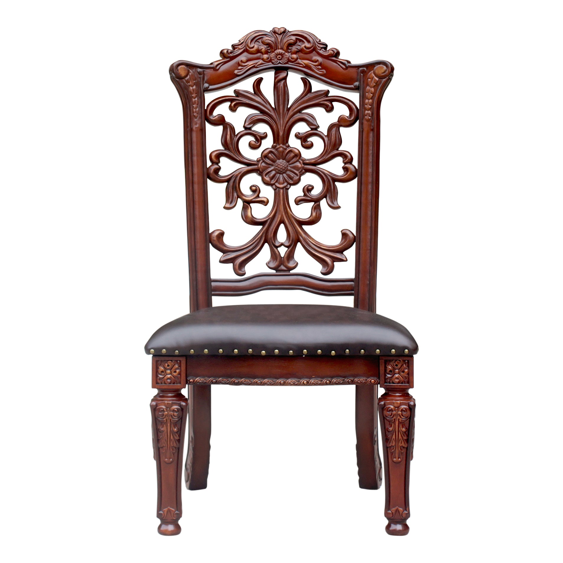 Ornate wooden dining chair with deep brown leather seat and intricate carvings