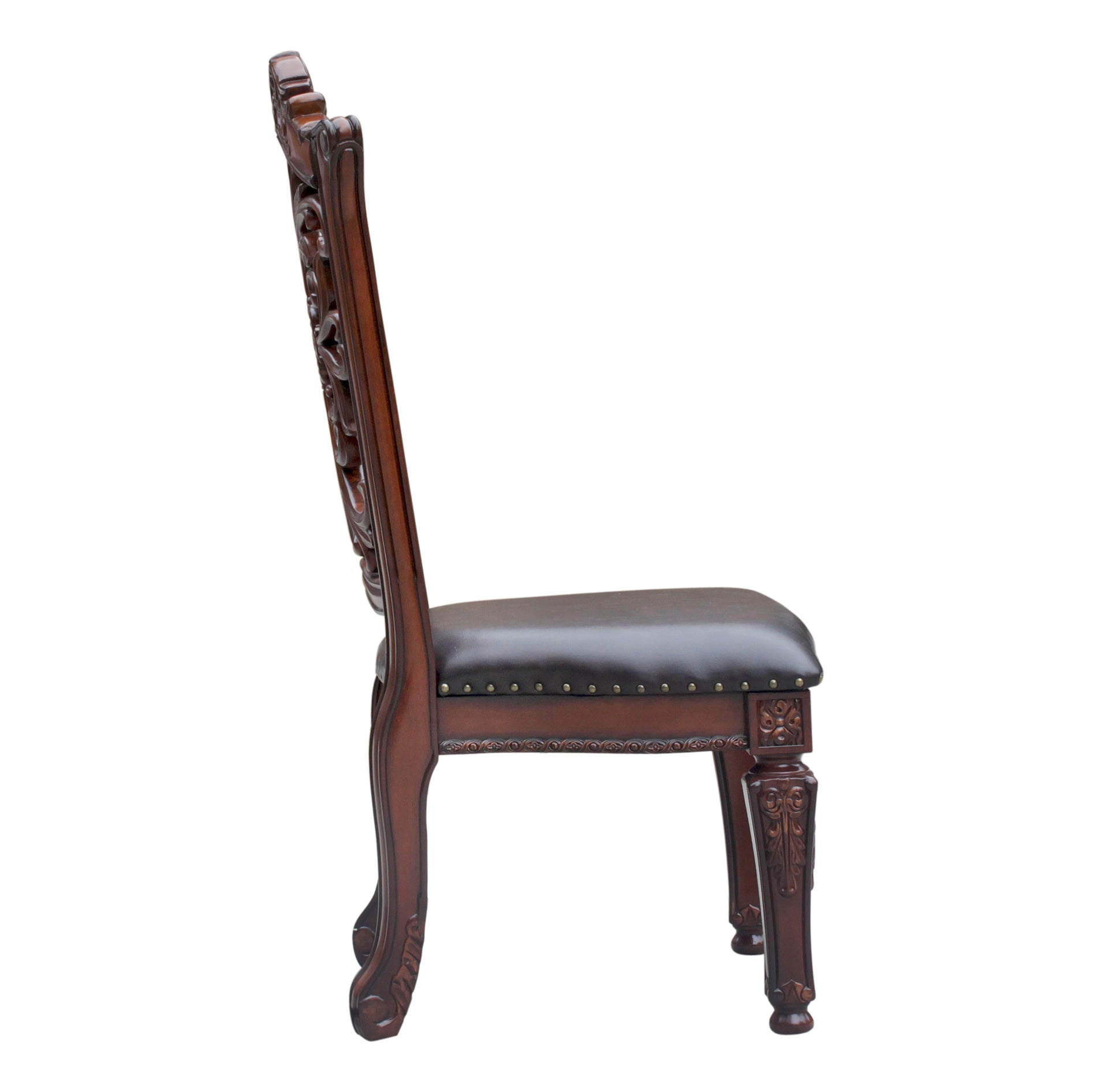 Ornate carved mahogany dining chair with dark leather seat