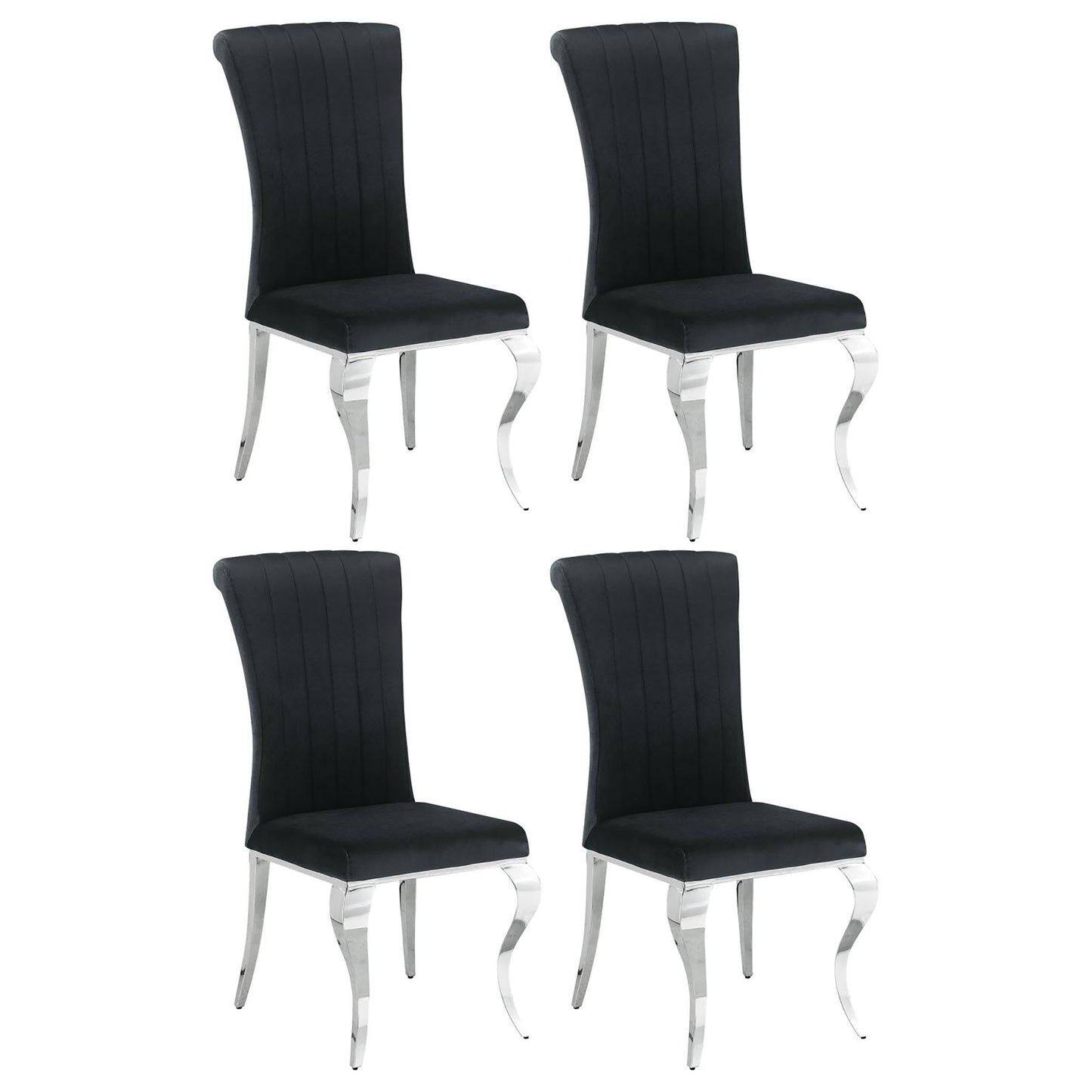 Four black velvet dining chairs with chrome curved legs elegant tufted backs