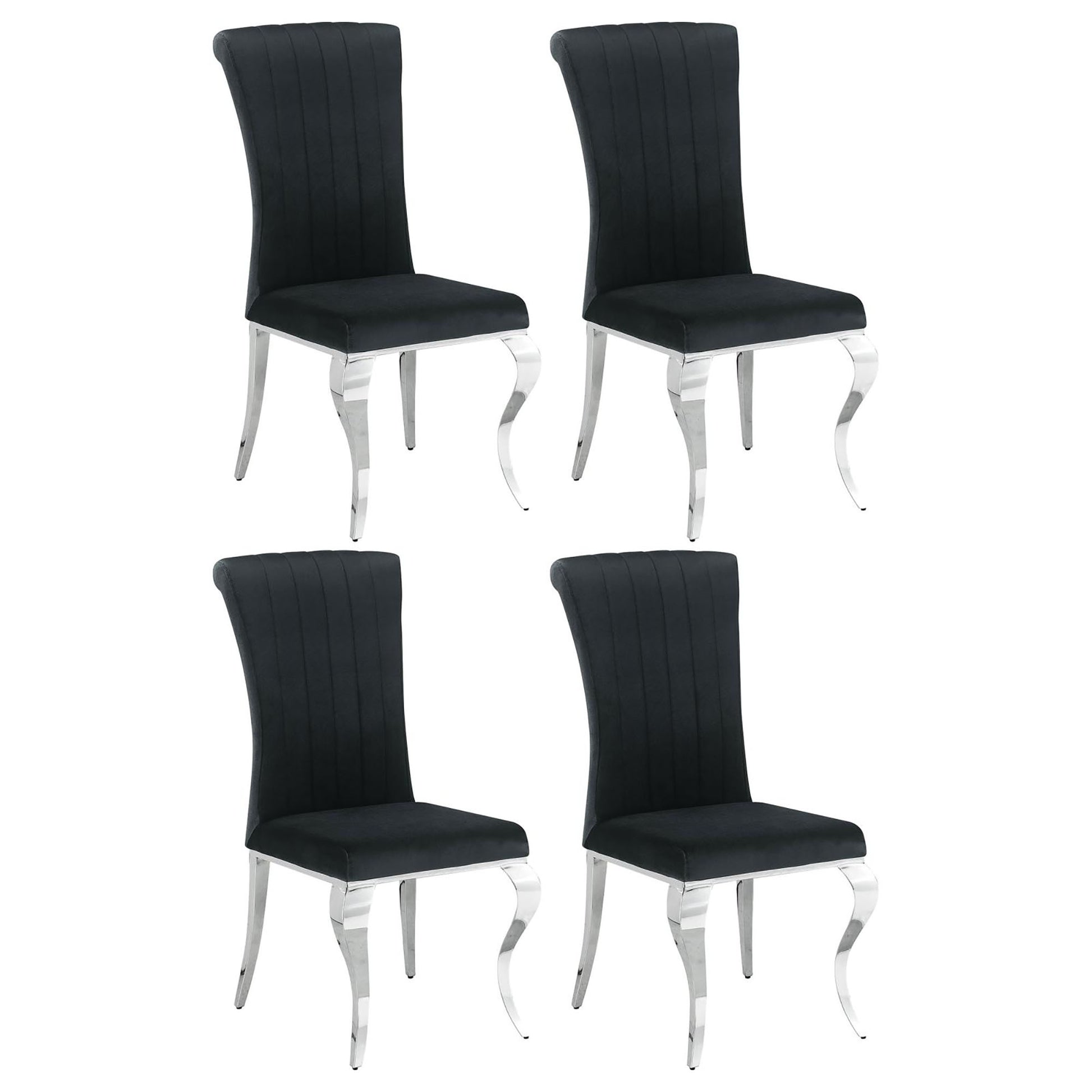 Four black velvet dining chairs with chrome curved legs elegant tufted backs