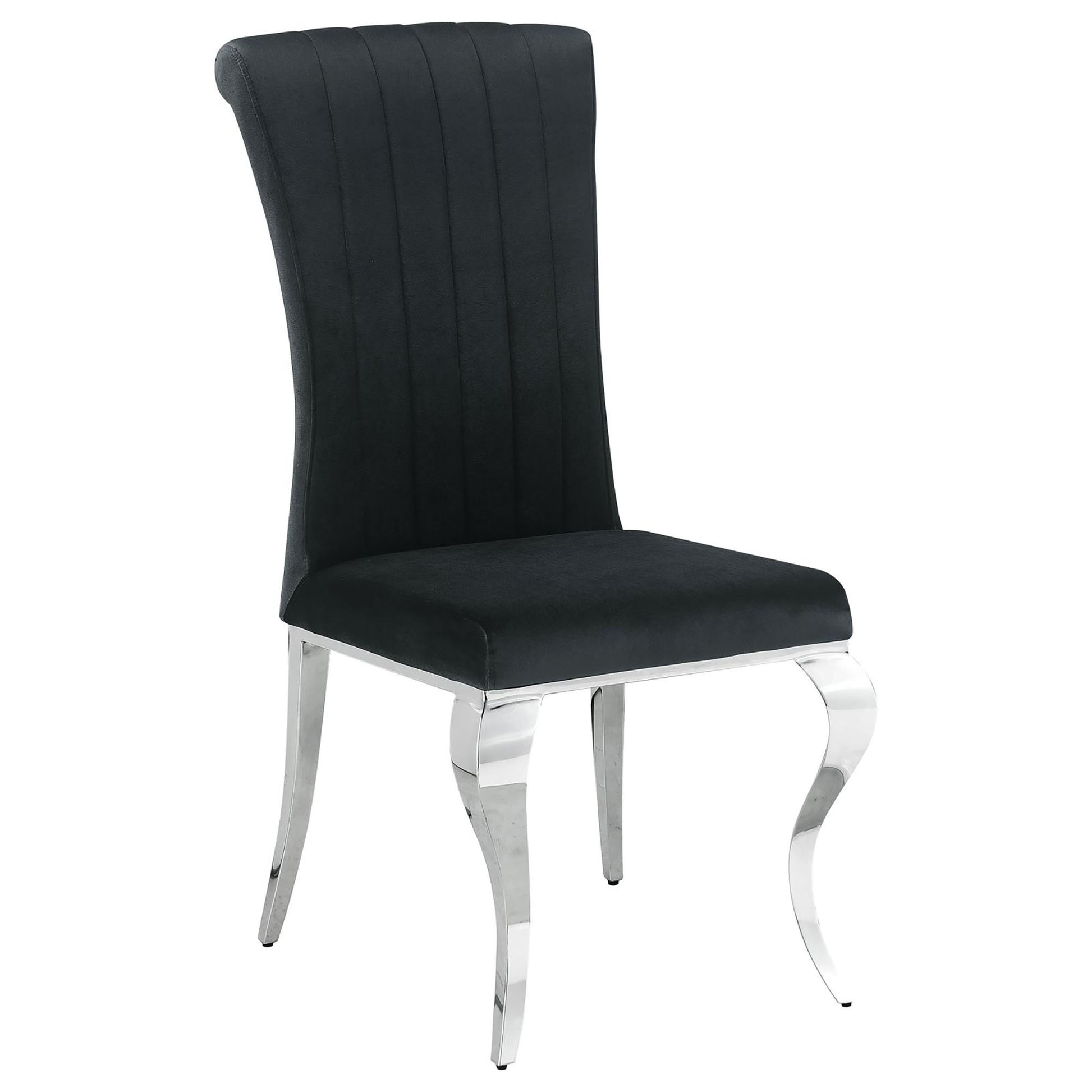 Black velvet dining chair with channel tufting and polished chrome legs