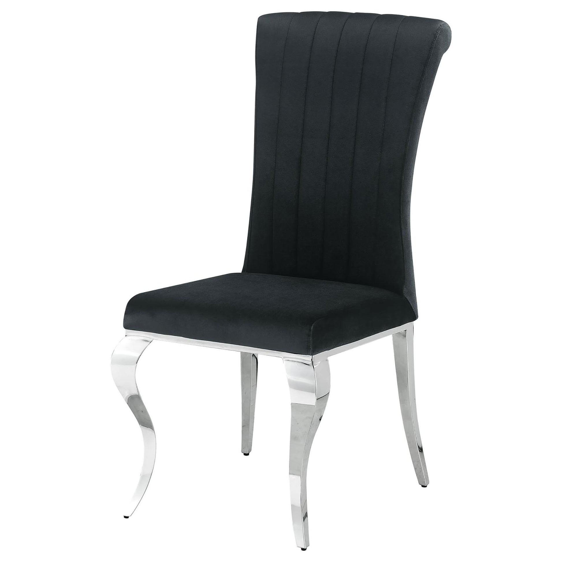Black velvet dining chair with channel tufting and polished chrome legs modern accent chair