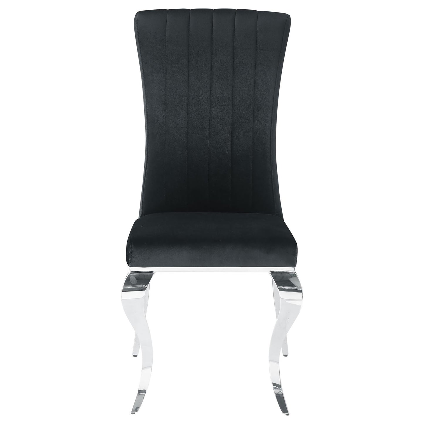 Black velvet dining chair with vertical stitching and chrome curved legs