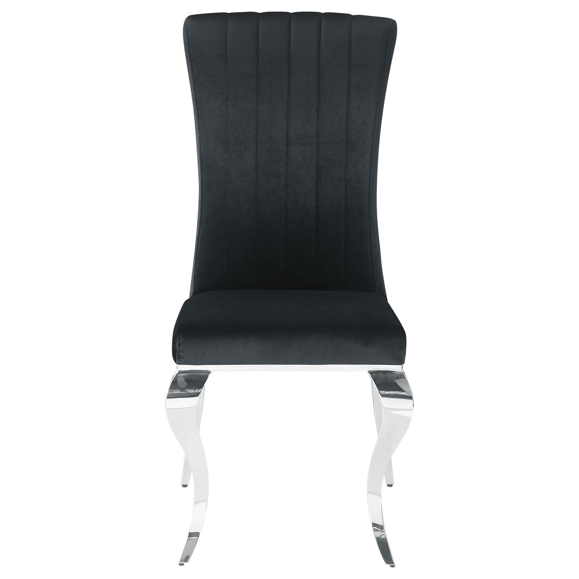 Black velvet dining chair with vertical stitching and chrome curved legs
