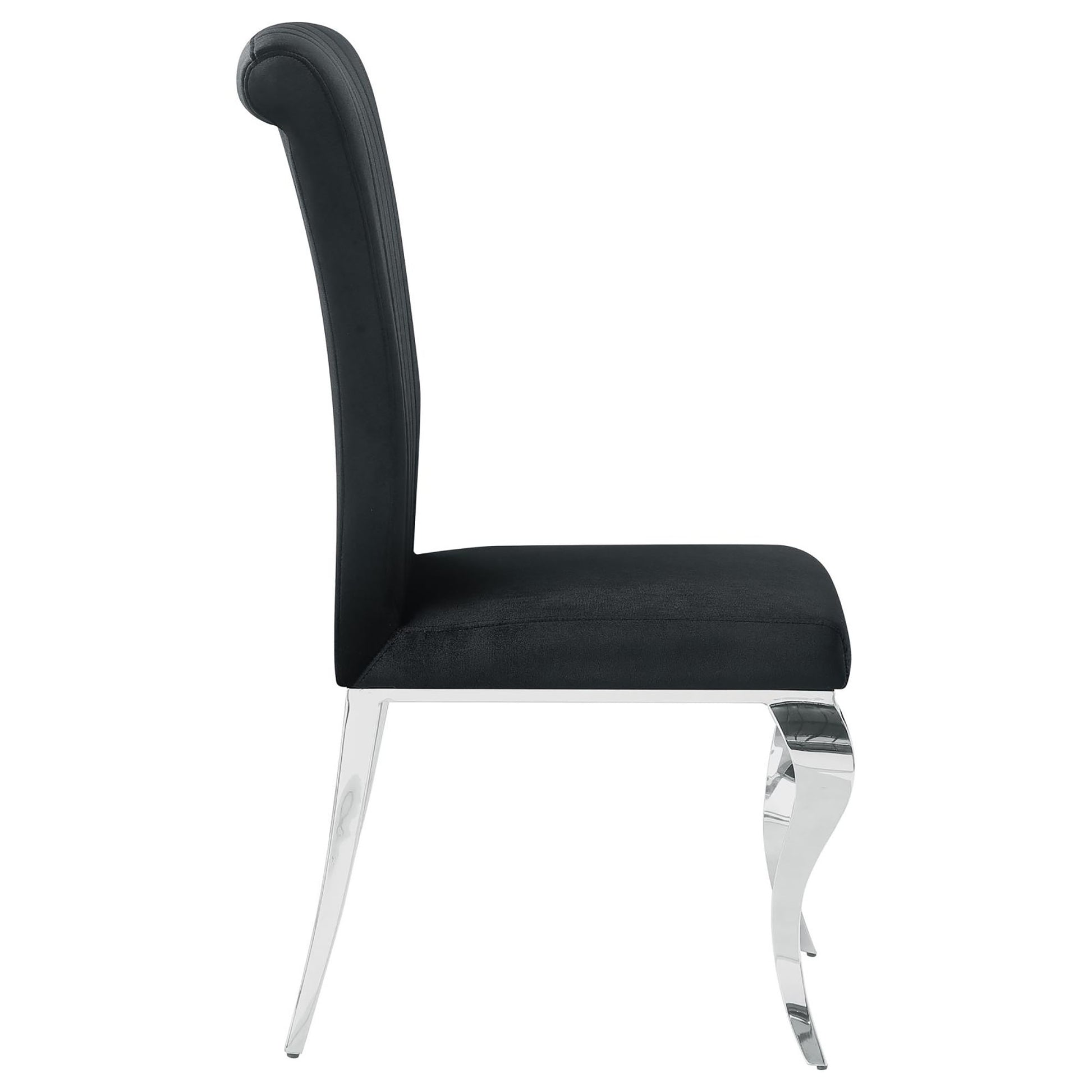 Black velvet dining chair with elegant tufted back and chrome legs for modern elegance