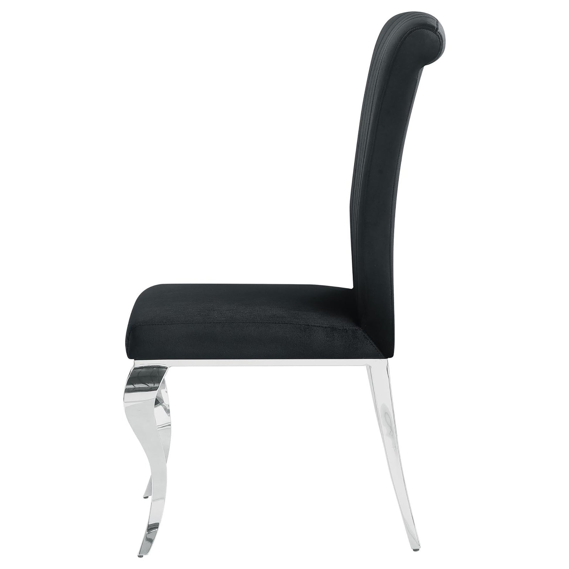 Black velvet dining chair with ornate chrome legs and channeled back detail
