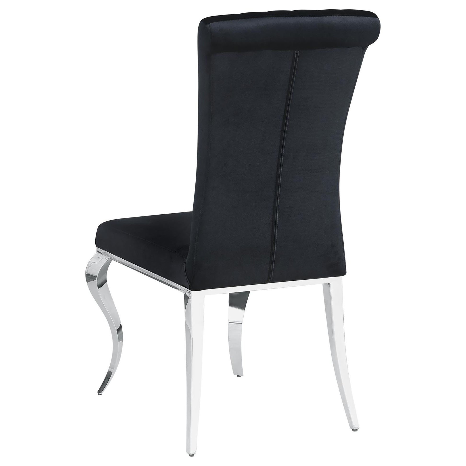 Elegant black velvet dining chair with polished chrome legs and a high tufted back