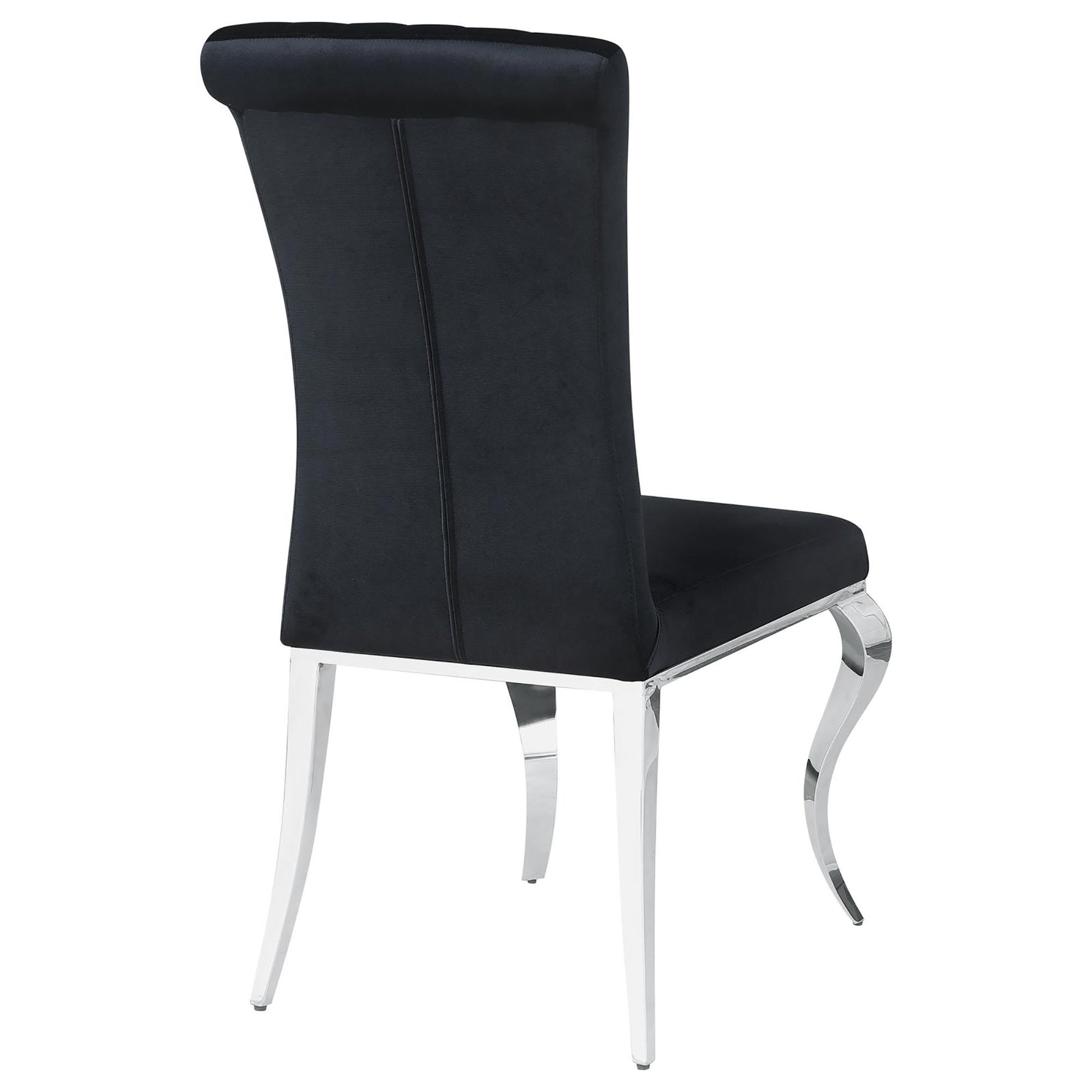 Luxurious black velvet dining chair with polished chrome legs and elegant curved silhouette