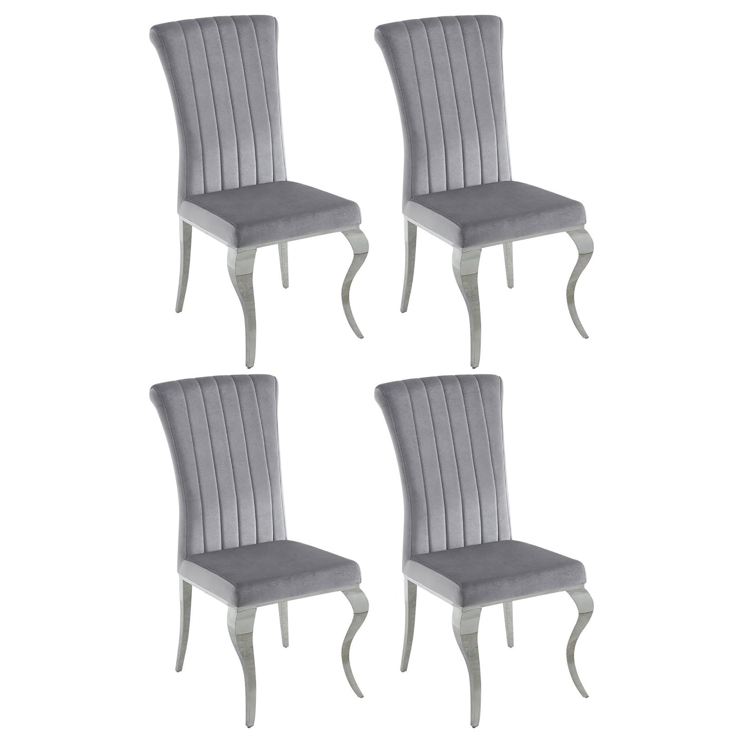 Four grey velvet dining chairs with elegant silver legs