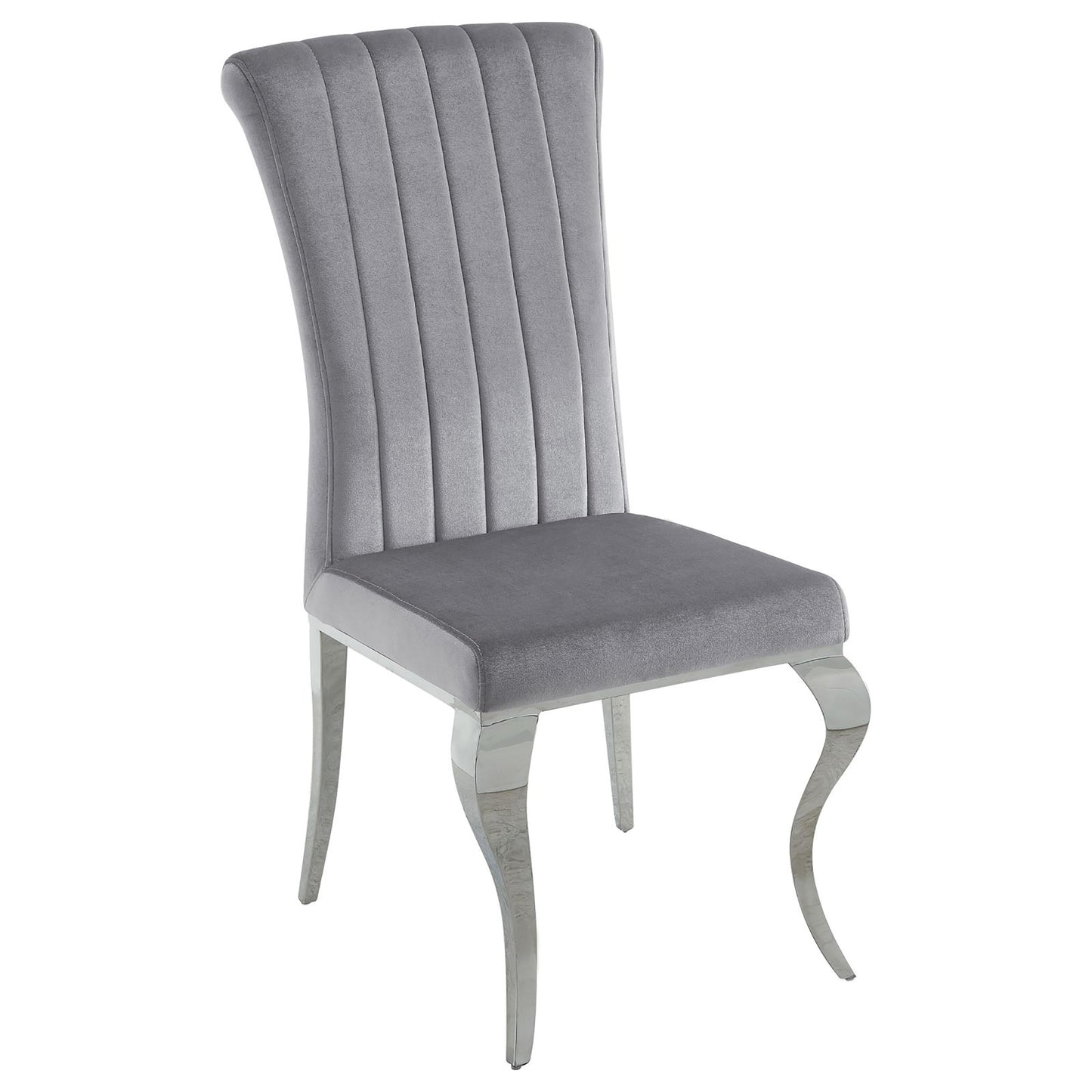 Fluted grey velvet dining chair with polished chrome legs and a curved design