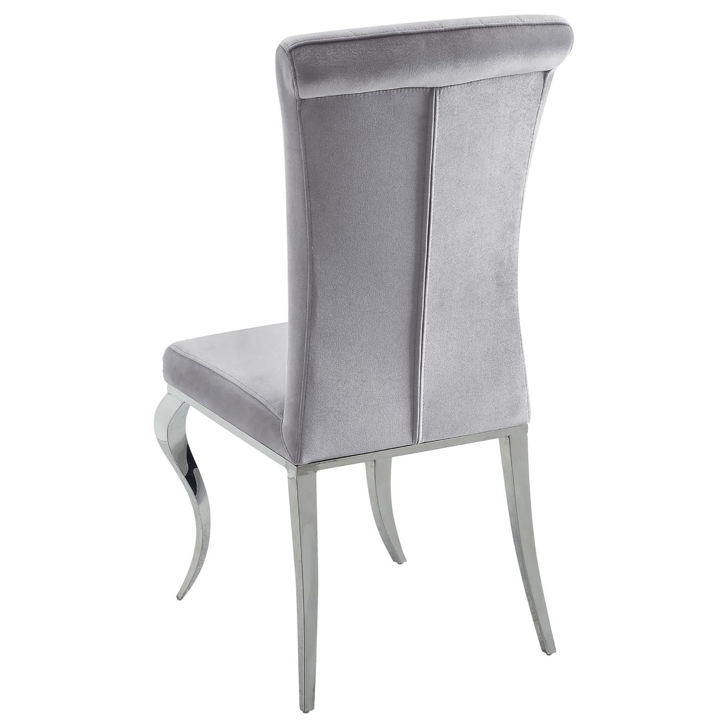 Elegant grey velvet dining chair with polished chrome legs and elegant curved design