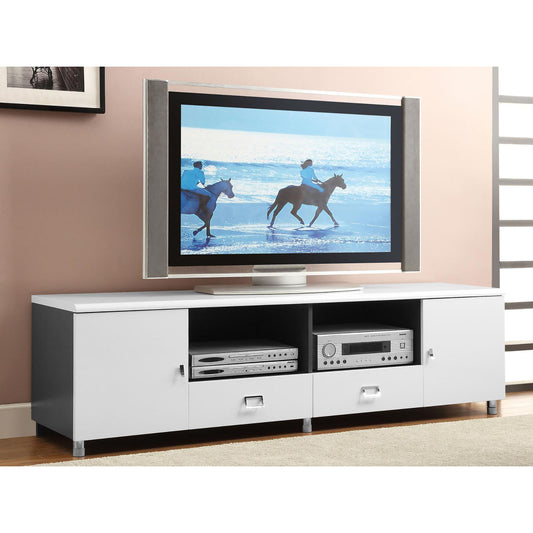 Modern white TV stand with drawers and shelves displaying DVD player and audio receiver