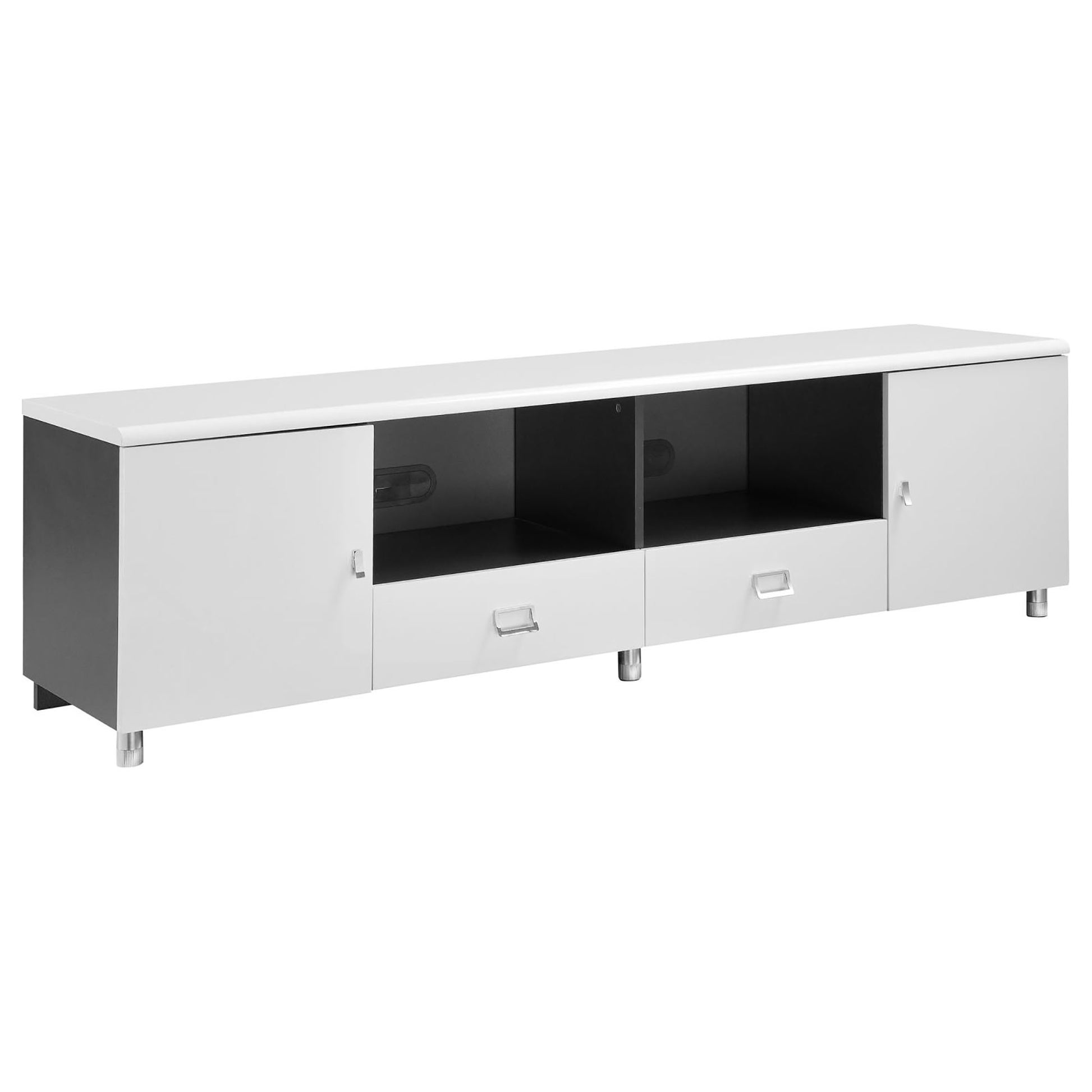 Modern white media console with two drawers and two cabinet doors
