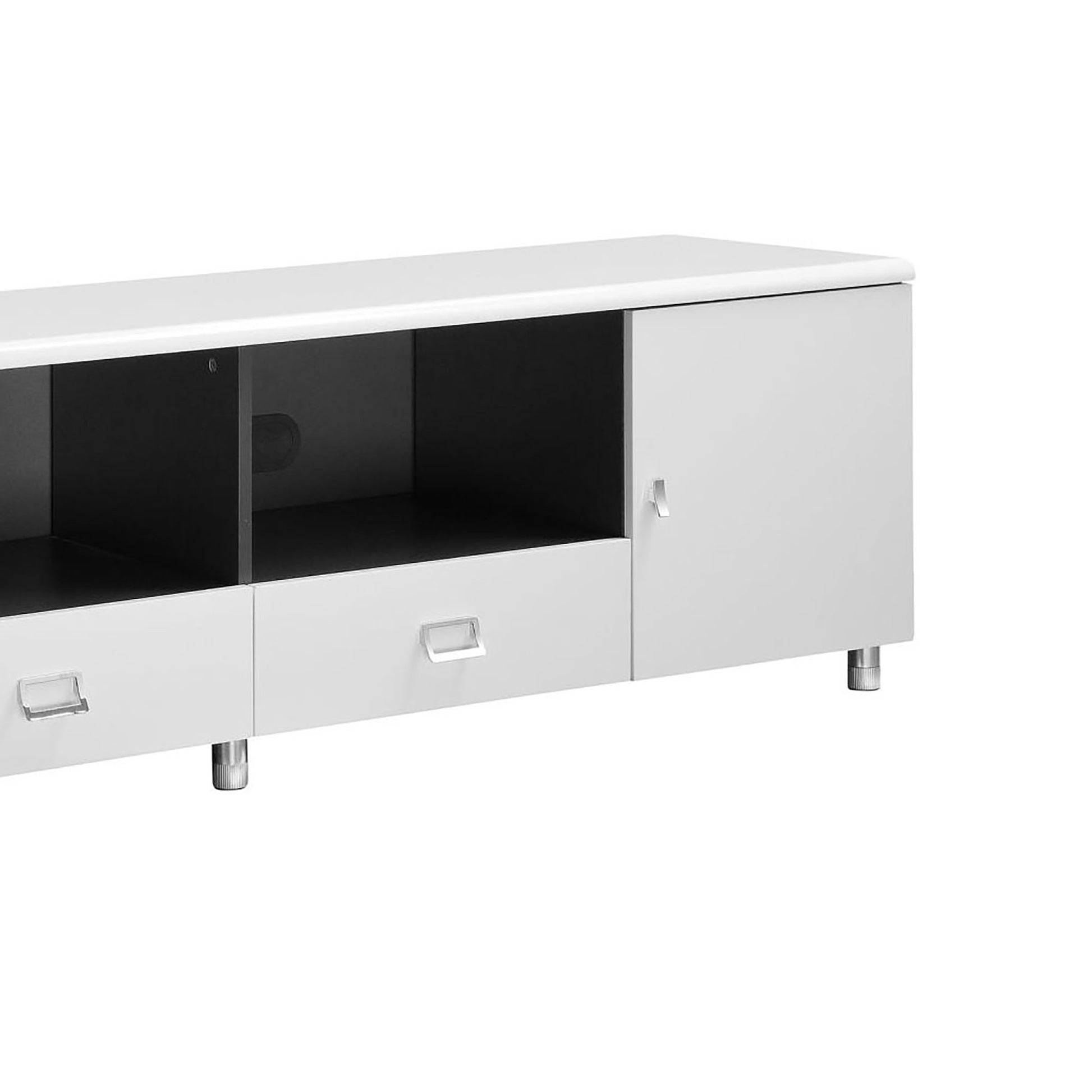 Modern white TV stand with drawers and a single door ideal for living rooms
