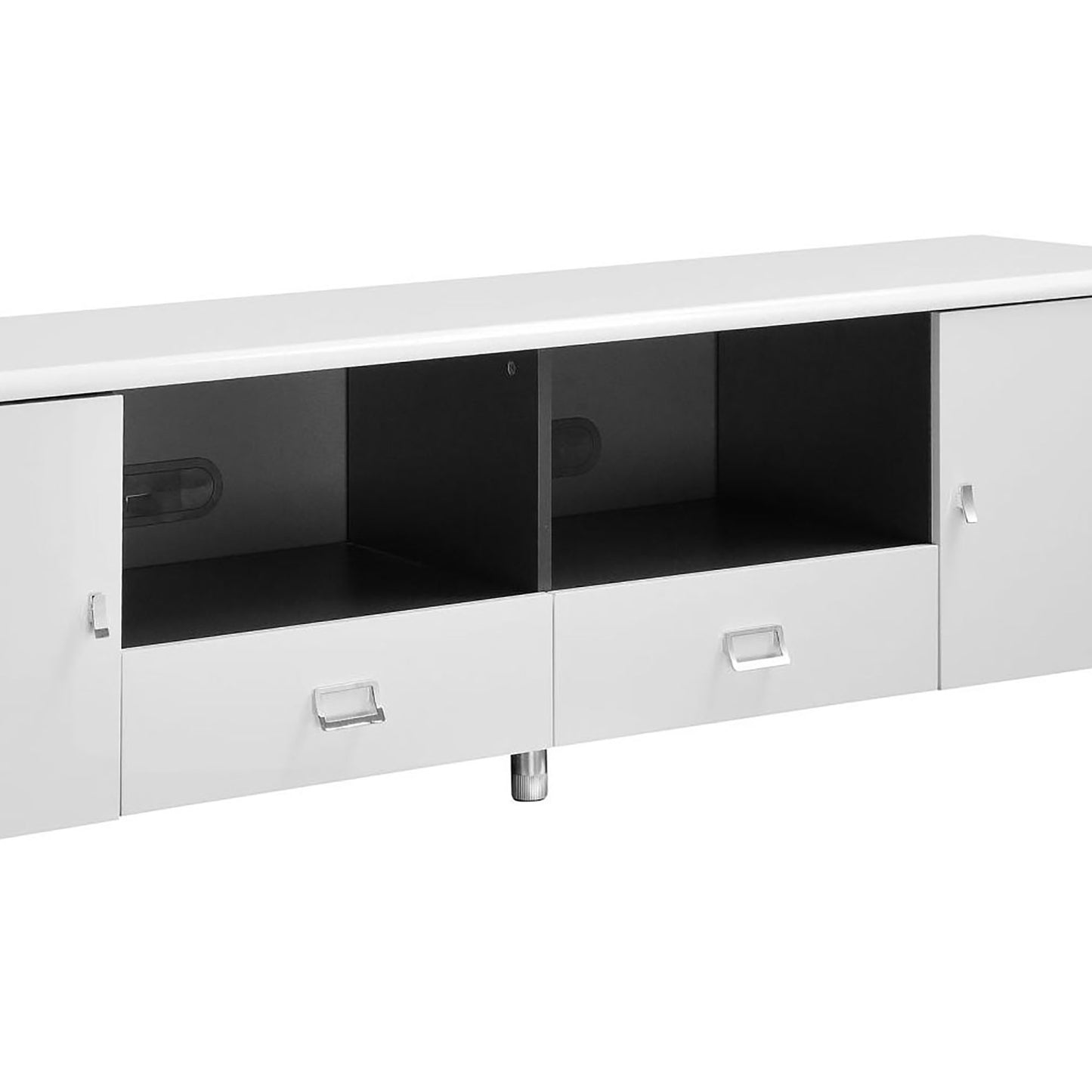 White modern TV stand with two drawers and open shelving