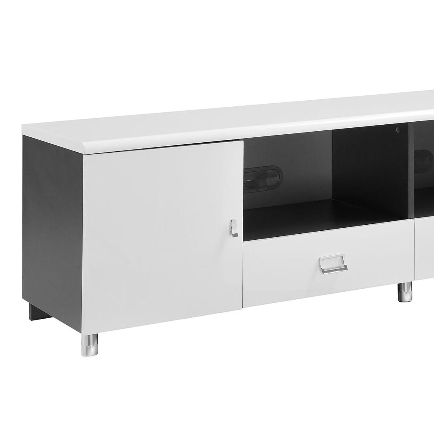 Modern white and gray media console with sliding door and drawer