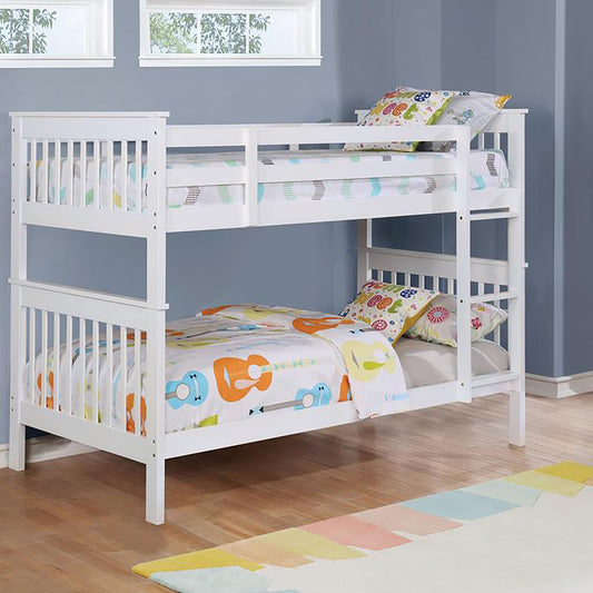 White wooden twin over twin bunk bed with playful guitar print bedding